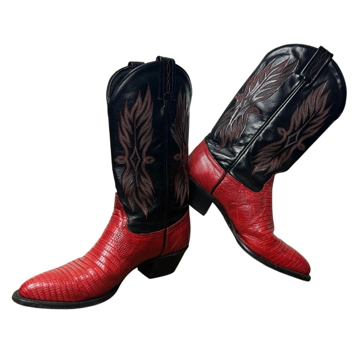 Bottes de cow-boy western Tony Lama en lézard rouge et noir brodé, taille 6,5