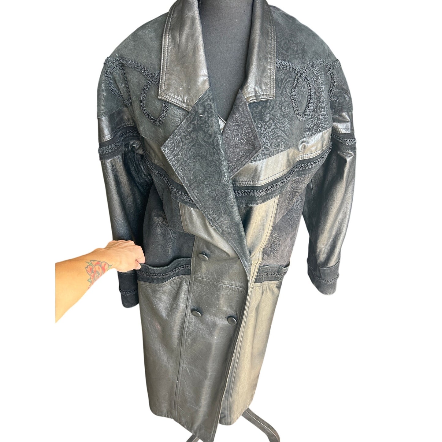 80er Western Ledertrench Paisleymuster Patchwork exotische Mode Größe XXL