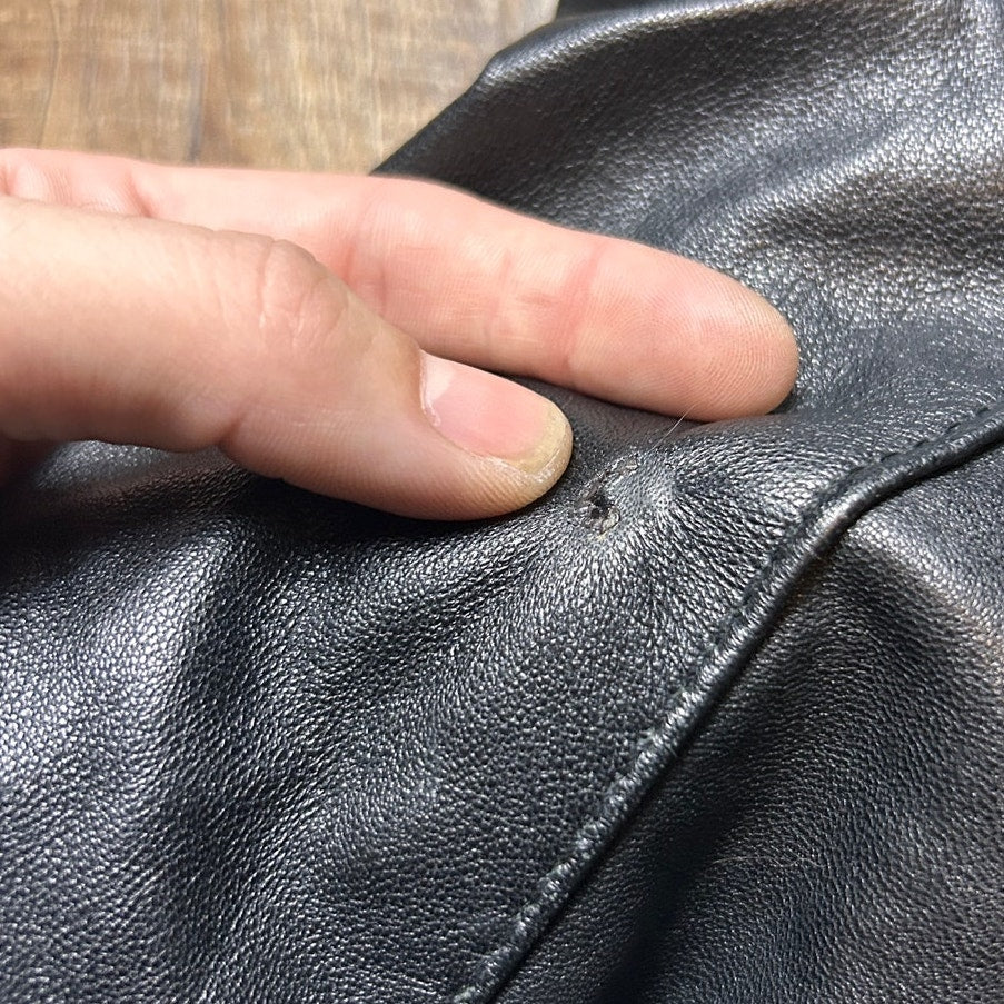 Vintage Italian Leather Penny Lane Coat Black Genuine Leather Fox Fur Trim Long Y2K
