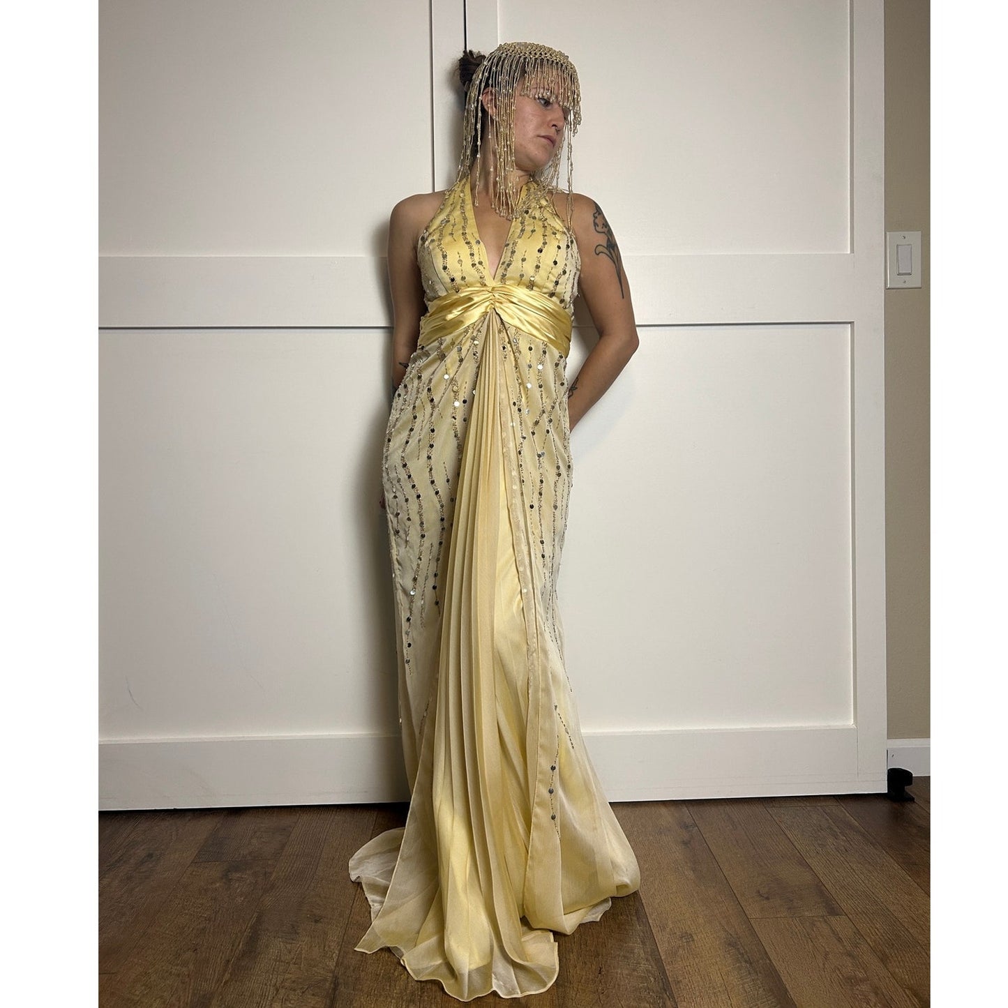 Y2K Gold Sequin Halter Dress Size 6 Formal Party Dress 2000s