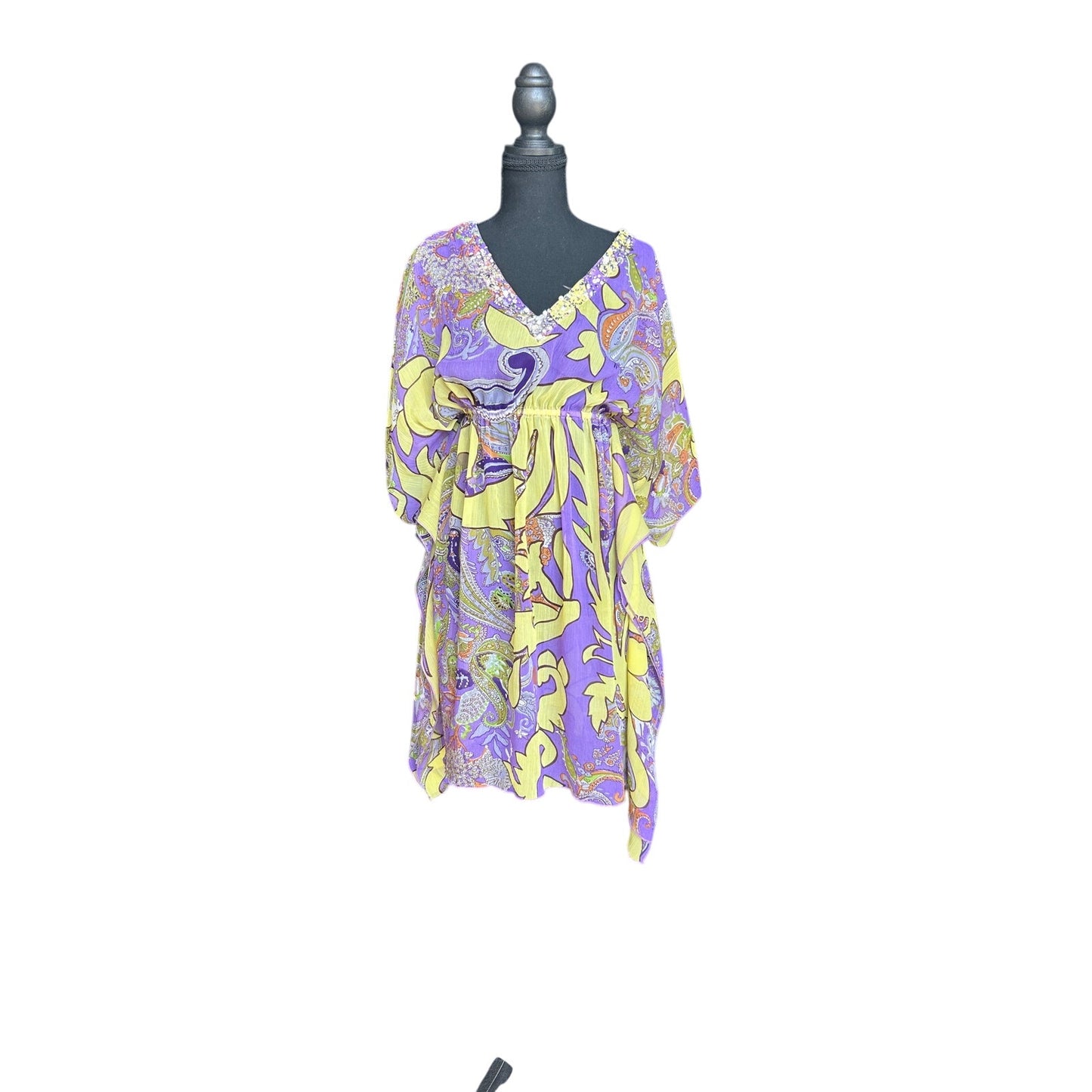 Folia Swim Beaded Chiffon Tunic Cover-Up Sheer Boho Beach Caftan