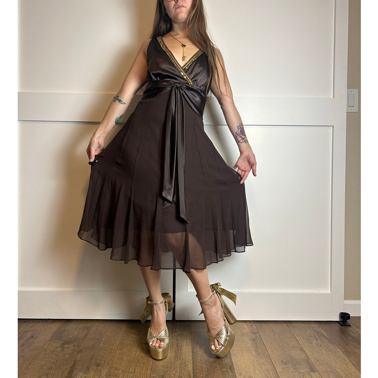 signature by robbie bee silk babydoll dress chocolate brown size 12