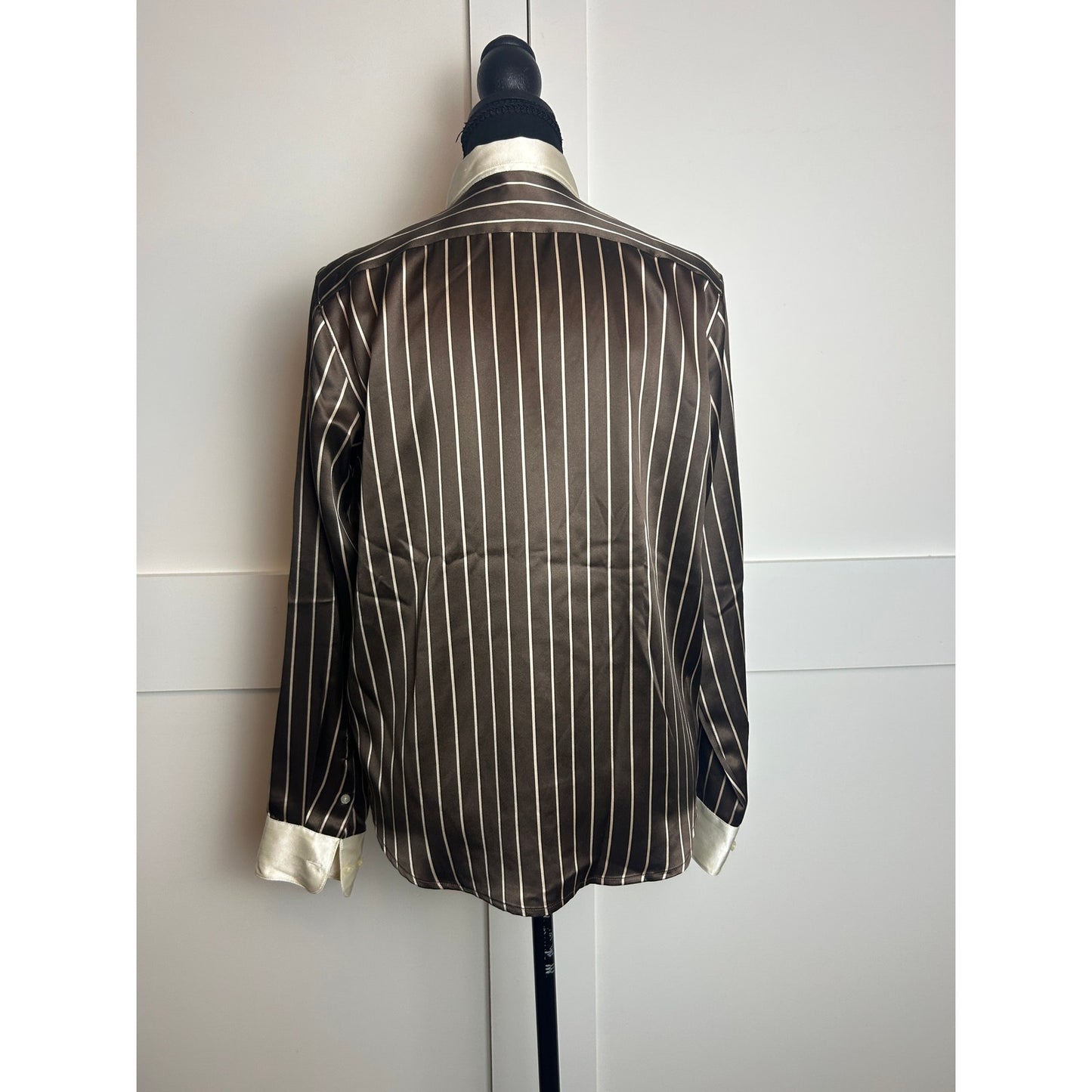 Lauren Ralph Lauren Silk Button Up Shirt 6P Brown Cream Stripe