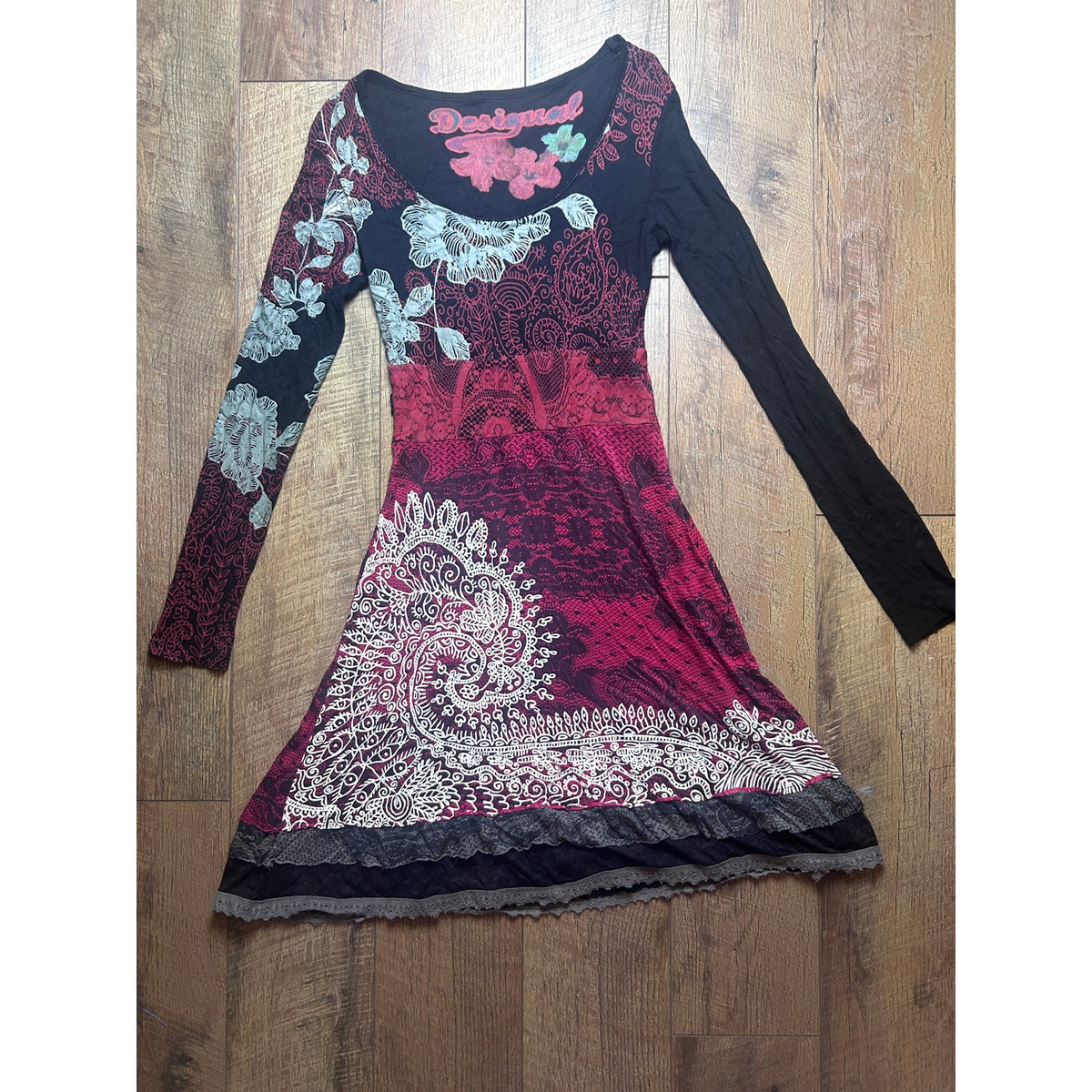 Desigual Red Black White Layered Bamboo Dress Size S | Y2K Fit & Flare