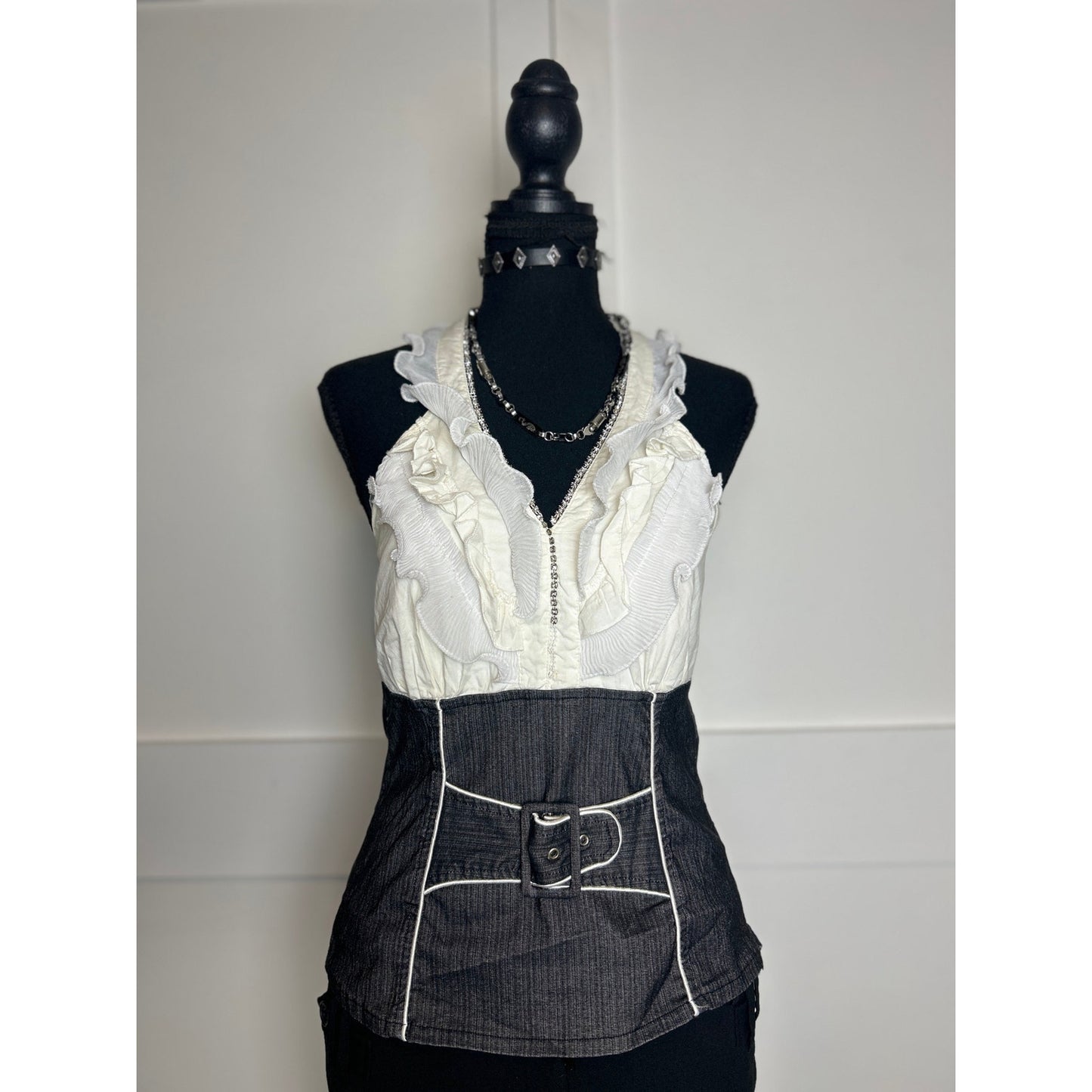 Y2K buckle halter top with gemstones