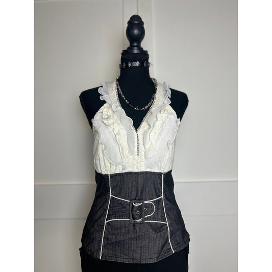 Y2K buckle halter top with gemstones