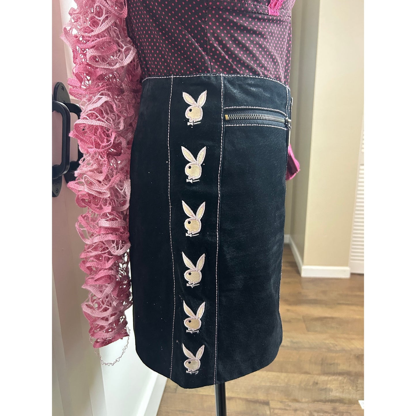 Y2K Playboy Bunny Double Zip Suede Mini Skirt Indie Sleaze Brown Logo