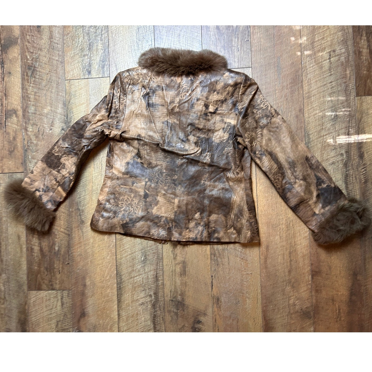 Y2K Chocolate Brown Leather Jacket Printed Euro Style Rabbit Fur Trim Zip Up XS S