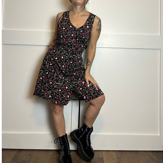 90s Witchy Dark Floral Tie Back Button-Up Dress — Basic Editions M