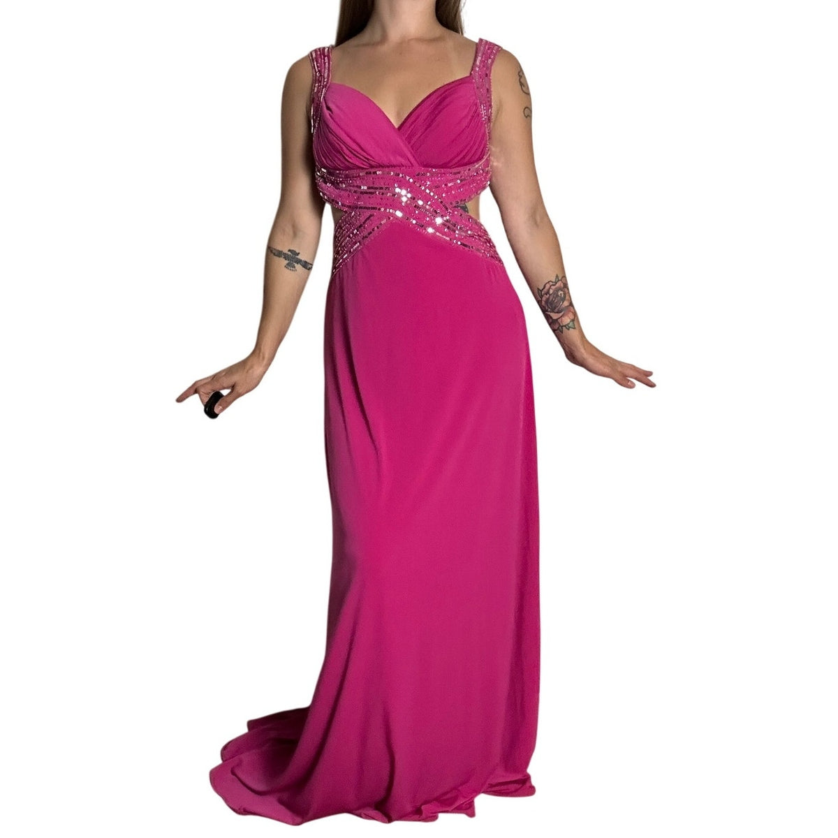 hailey logan adriahna pappel y2k formal gown, beaded sequin fit and flare backless dress magenta size 3/4