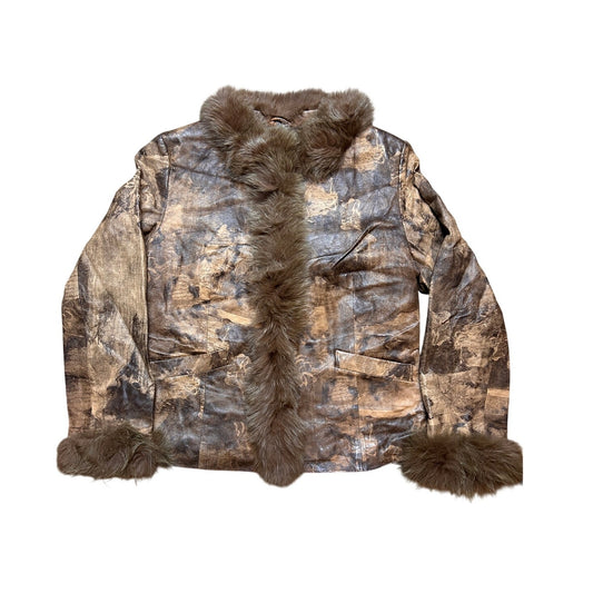 Y2K Chocolate Brown Leather Jacket Printed Euro Style Rabbit Fur Trim Zip Up XS S