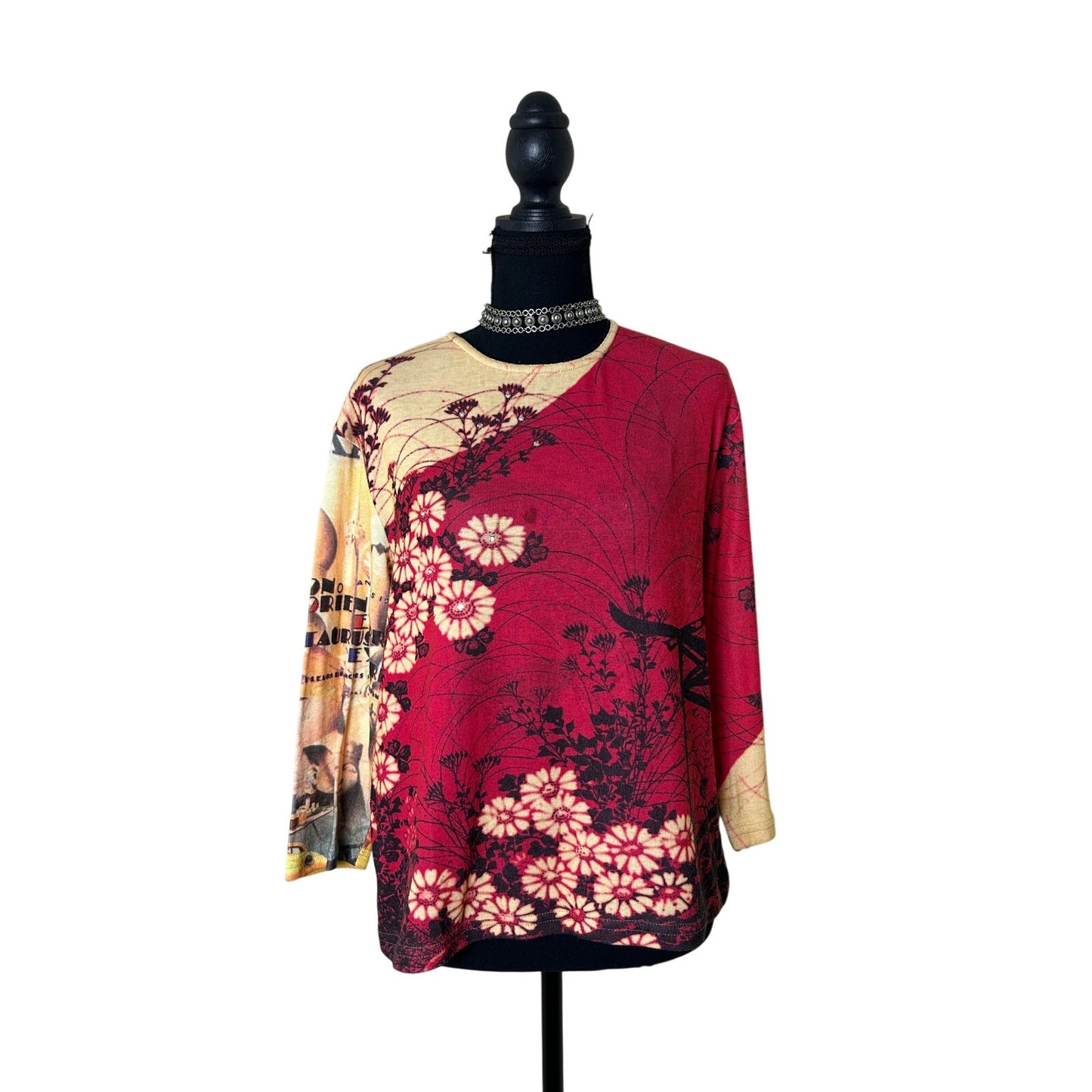 Yukiko Kirschblüten-Grafik-Strickoberteil Größe XL 3/4-Arm Euro Art Y2K T-Shirt