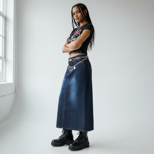 Dark Wash Denim Maxi Skirt on Model