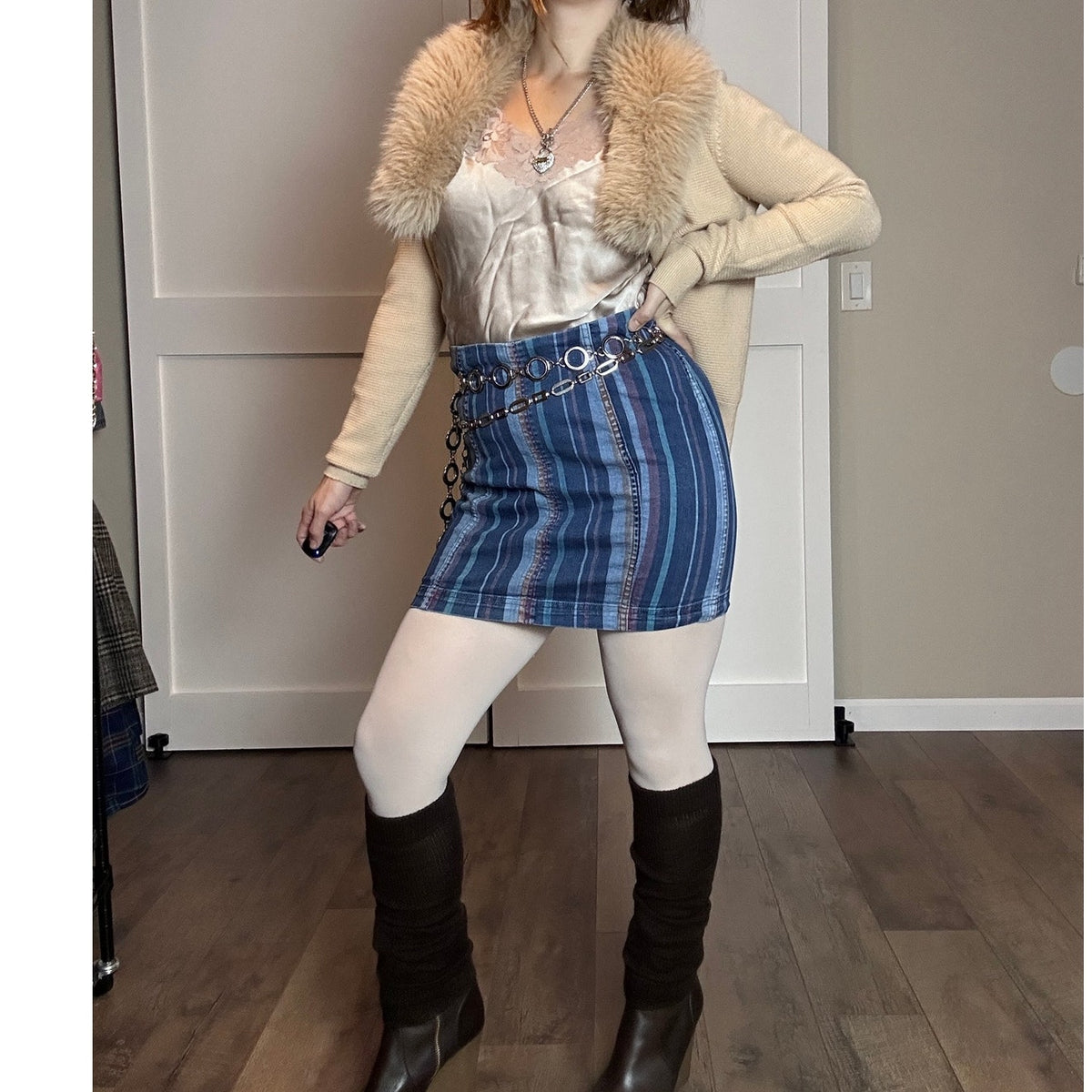 Free People Zip It Up Denim Mini Skirt Y2K Striped Blue Exposed Zipper