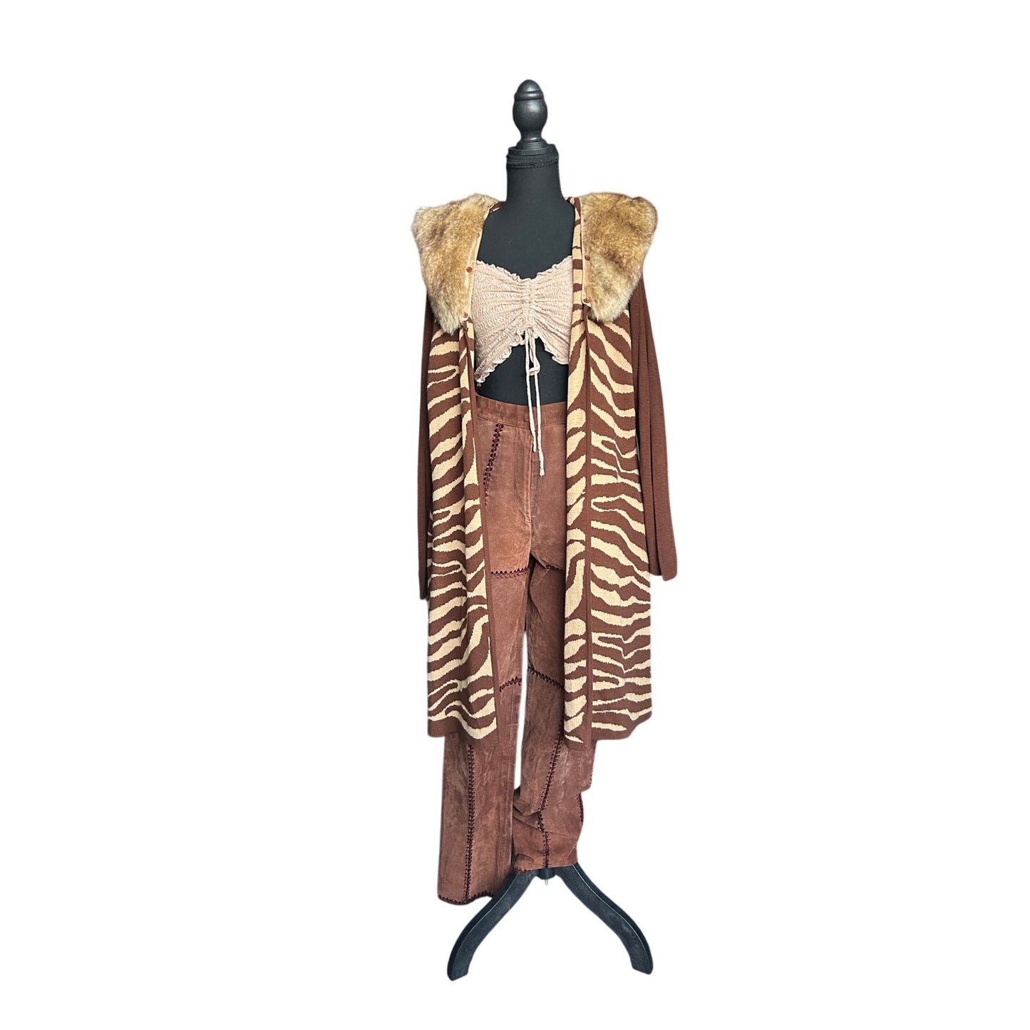 Gilet long imprimé zèbre vintage avec fourrure, style indie sleaze, féerique et grunge, pièce forte Y2K glamour à superposer