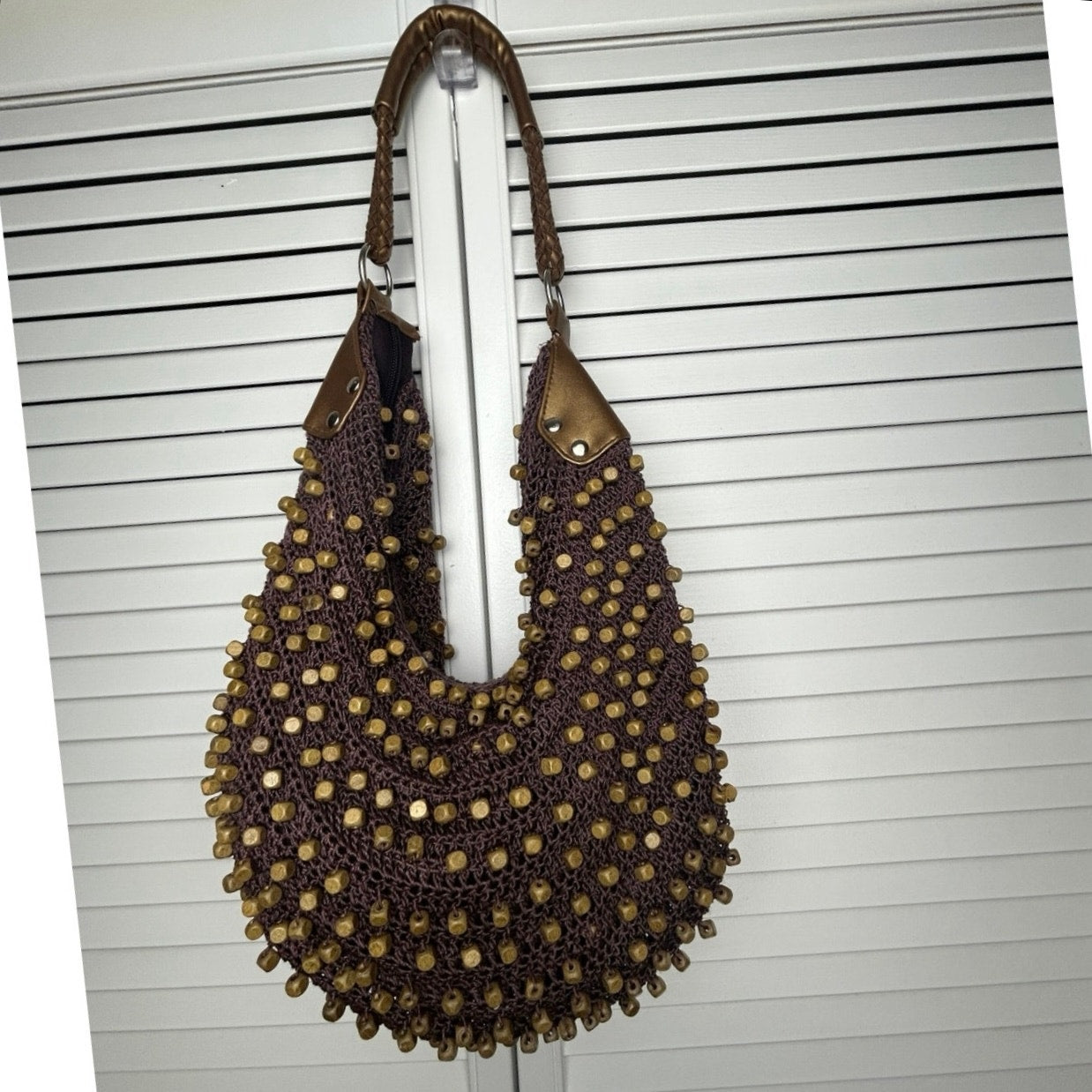 Boho crochet market bag wood bead tote brown earthy festival slouchy purse