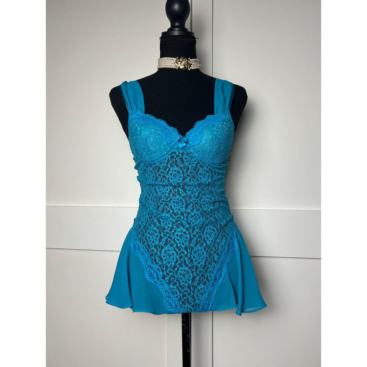 Cinema etoile high leg lace and chiffon ruffle turquoise blue