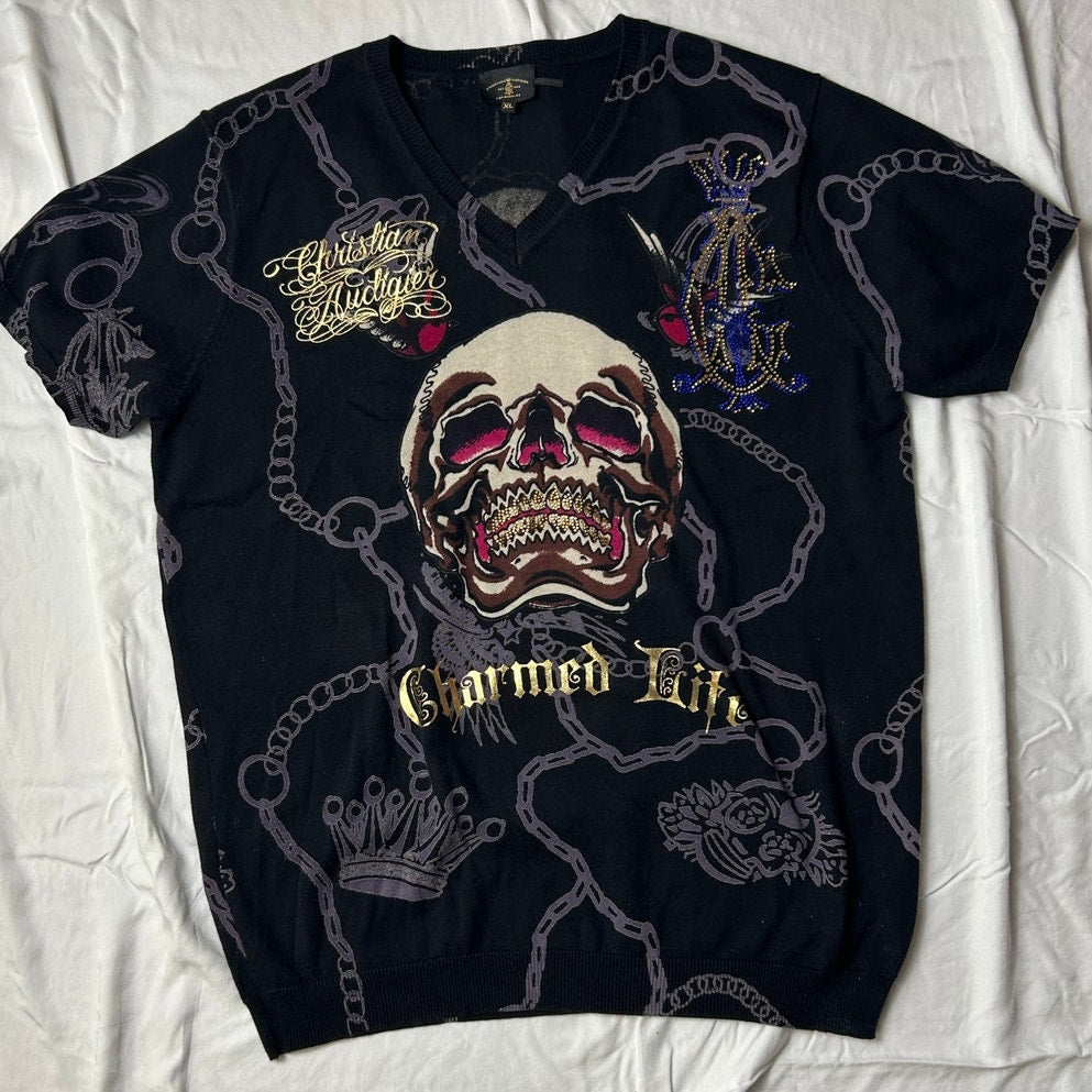 Christian Audigier t-shirt en tricot tête de mort vie de rêve bling taille m