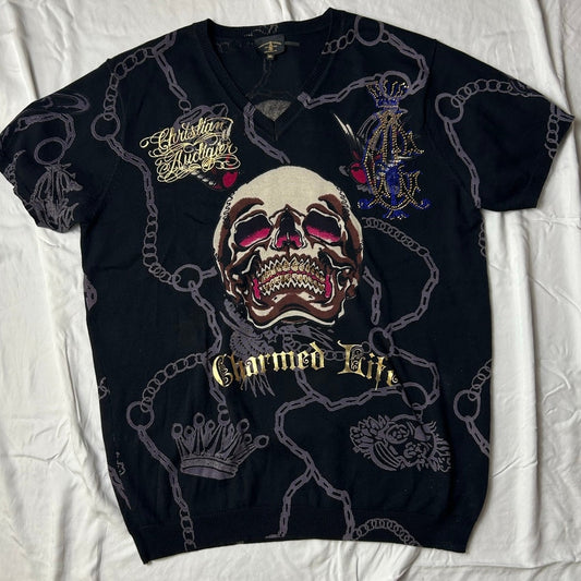 Christian Audigier Strick-Totenkopf-Shirt Charmed Life Bling Größe M