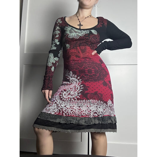Desigual Red Black White Layered Bamboo Dress Size S | Y2K Fit & Flare