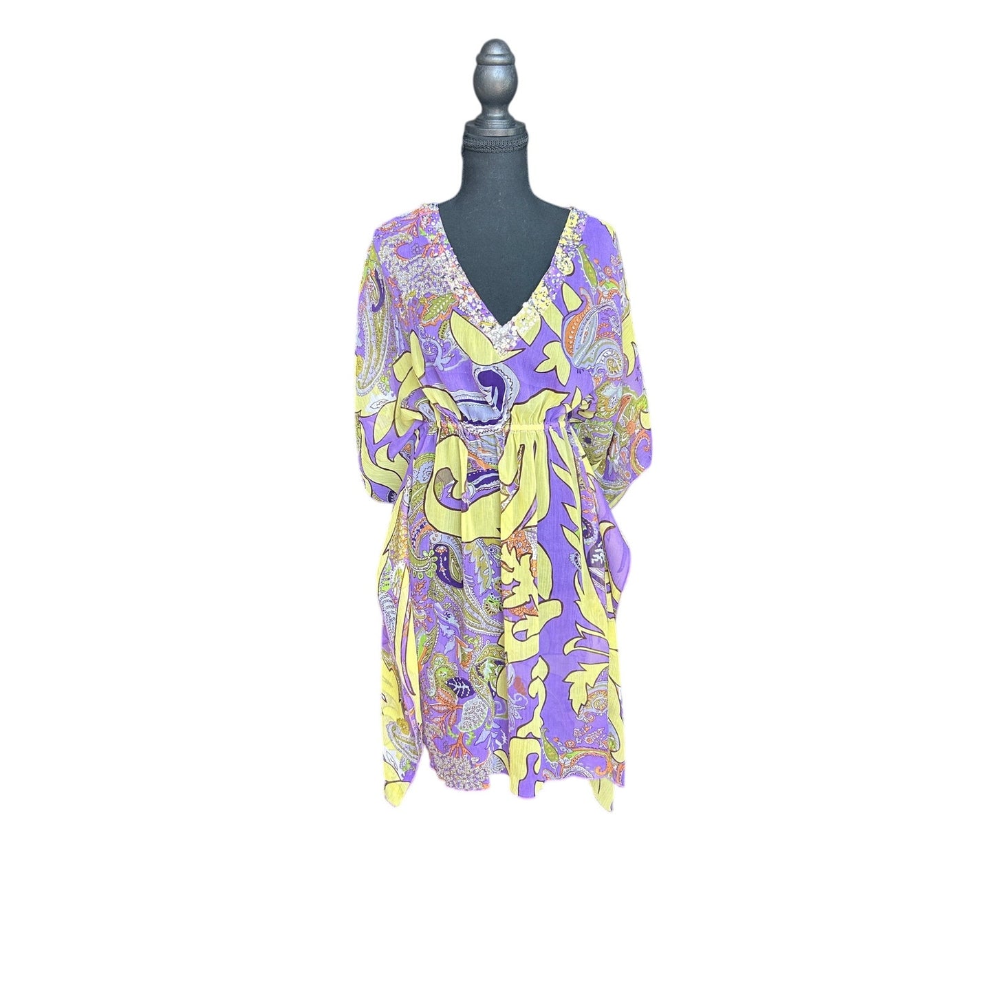 Folia Swim Beaded Chiffon Tunic Cover-Up Sheer Boho Beach Caftan