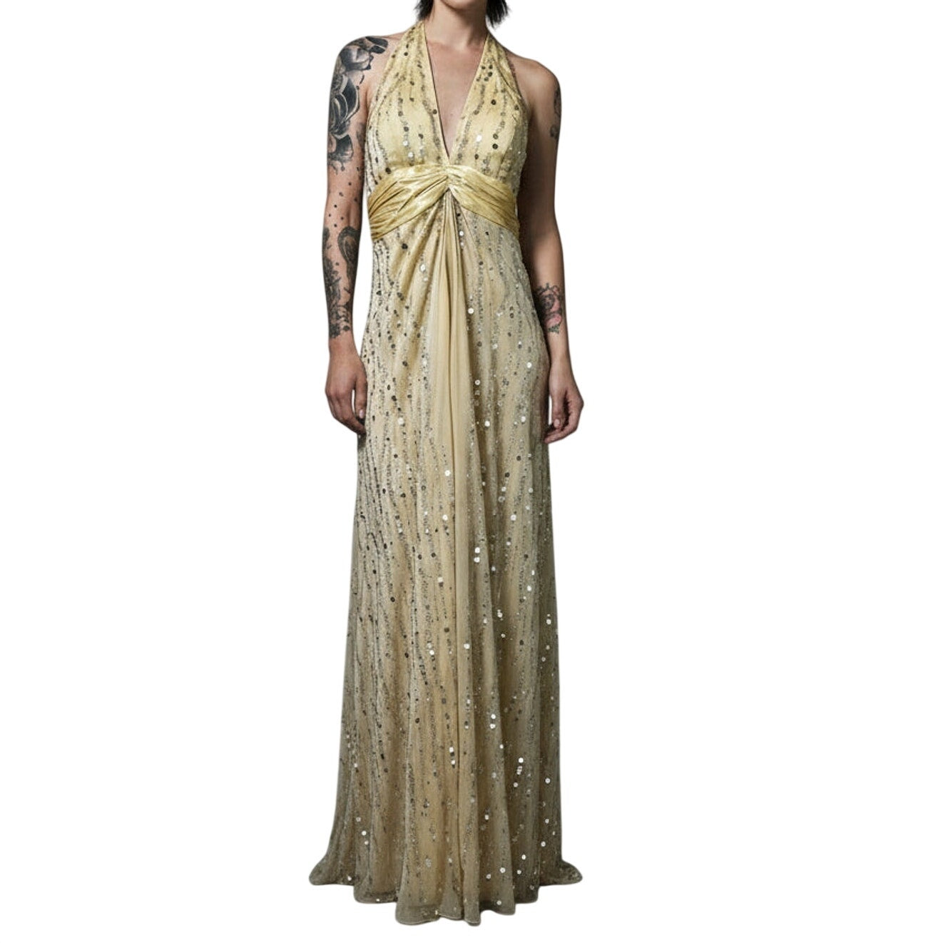 Y2K Gold Sequin Halter Dress Size 6 Formal Party Dress 2000s