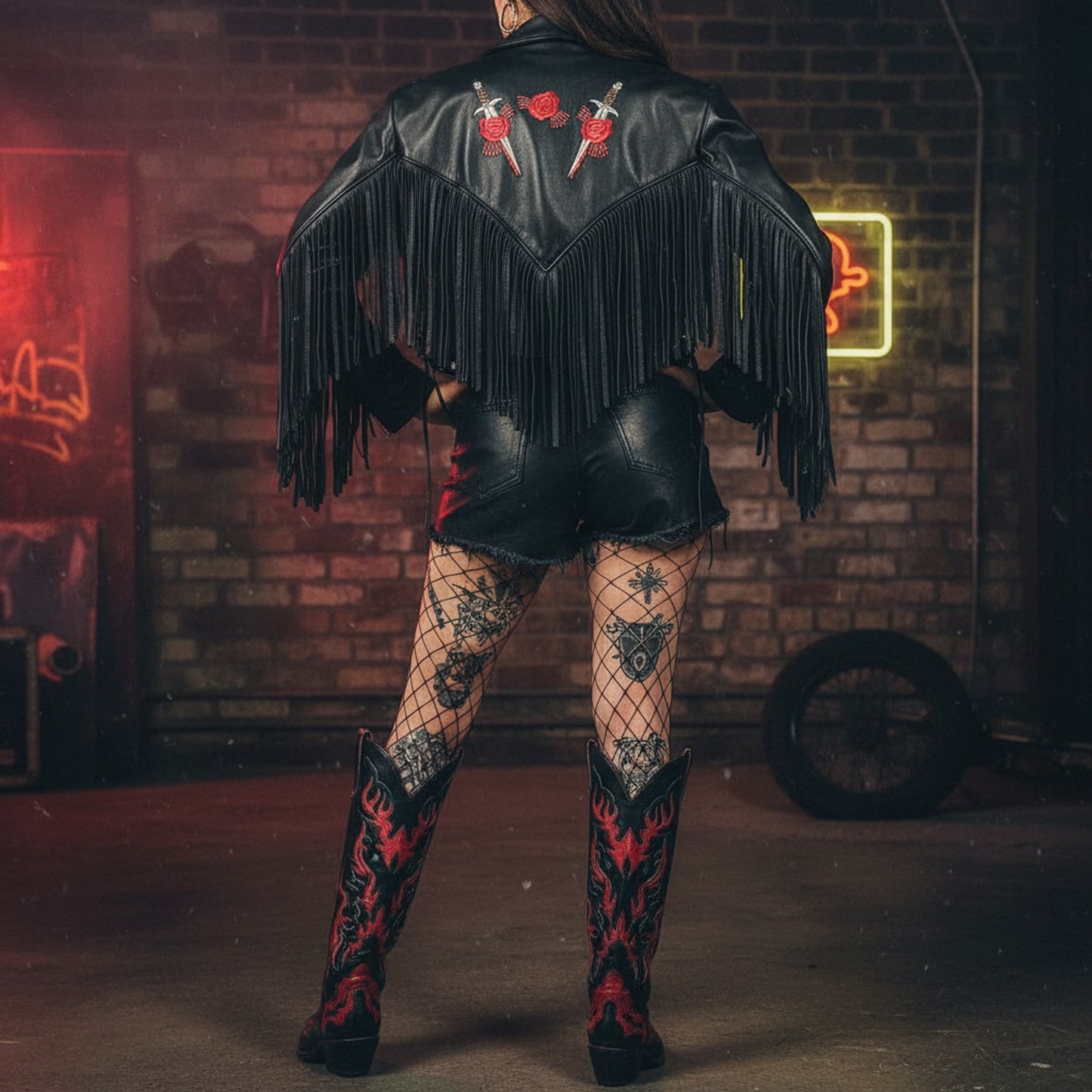 Black Leather Jacket with Red Rose Embroidery and Fringe - Vintage Harley Davidson Style