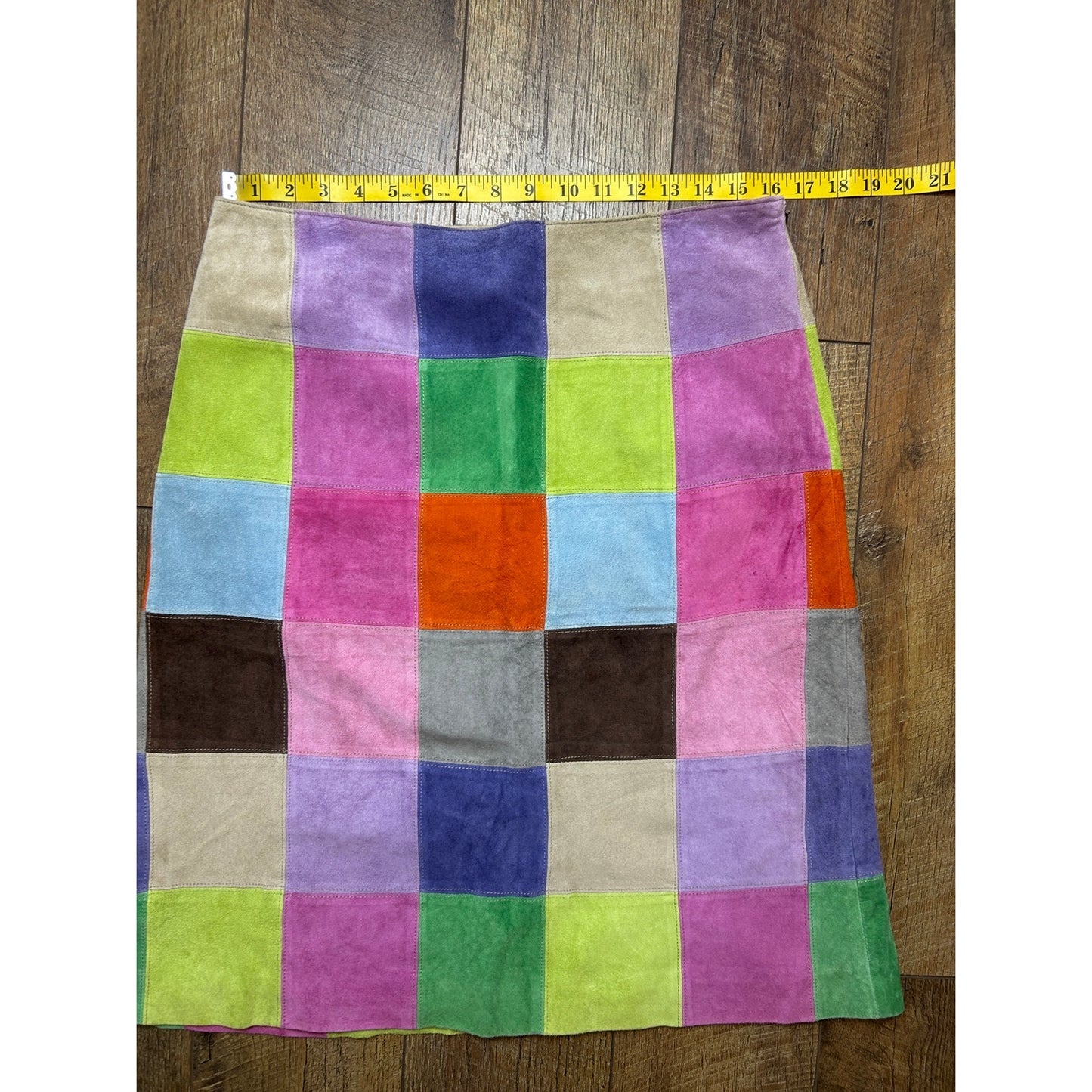 issac mizrahi rainbow patchwork suede knee length skirt size 12