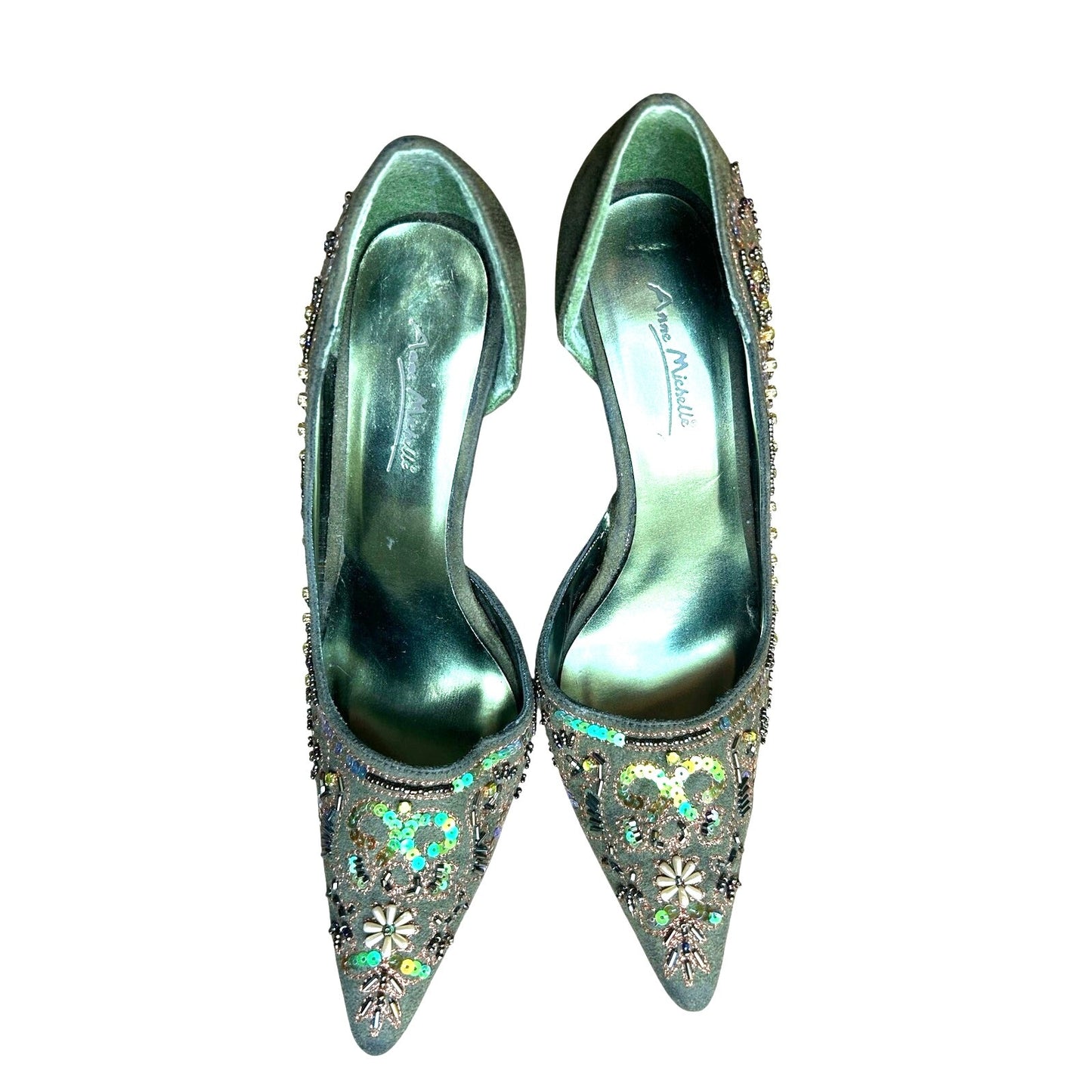 Anne Michelle Women's Green D'Orsay Stiletto Heels Pointed Toe Sequin Flower