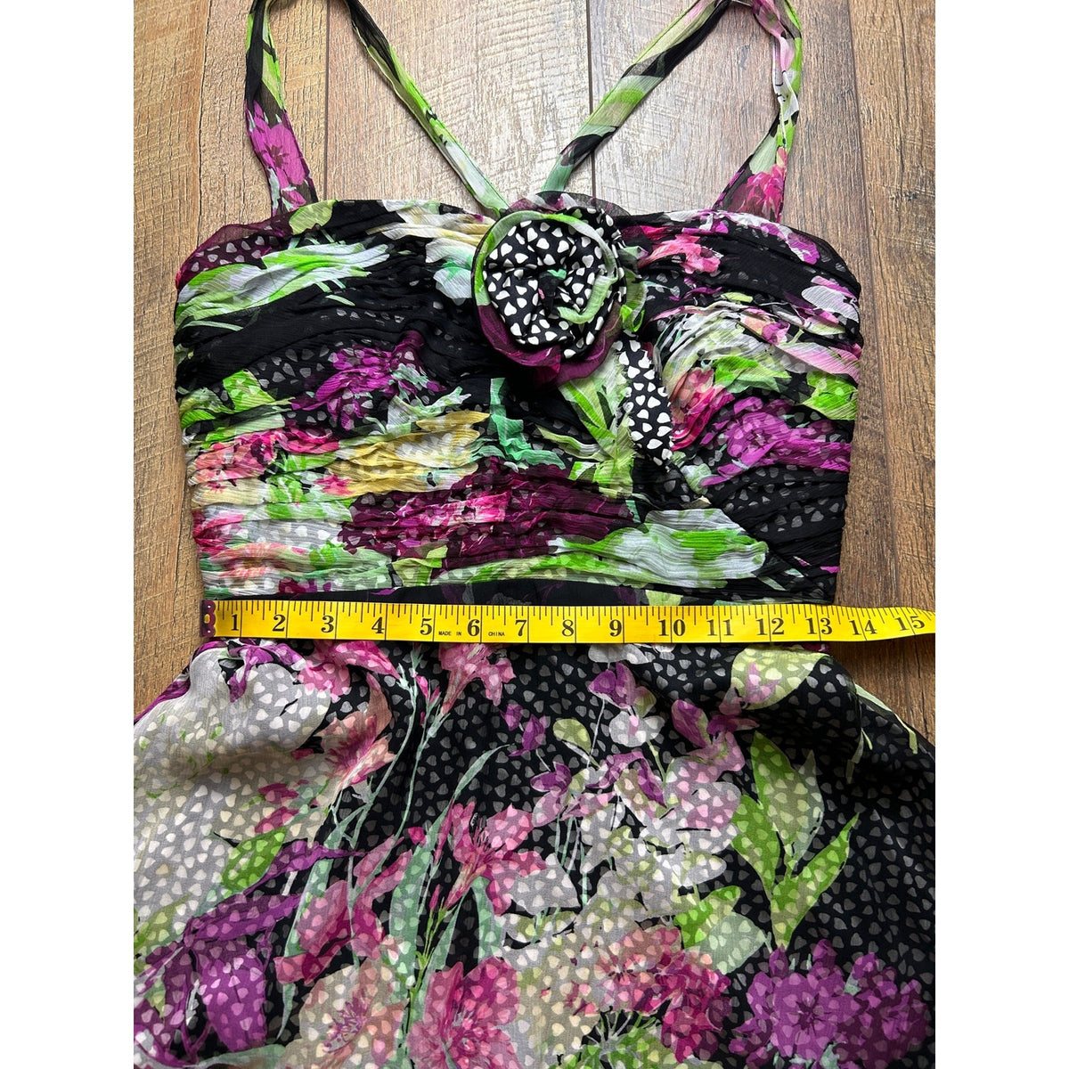 bryan bradley chiffon silk polka dot, floral silk dress perfect for homecoming size 6