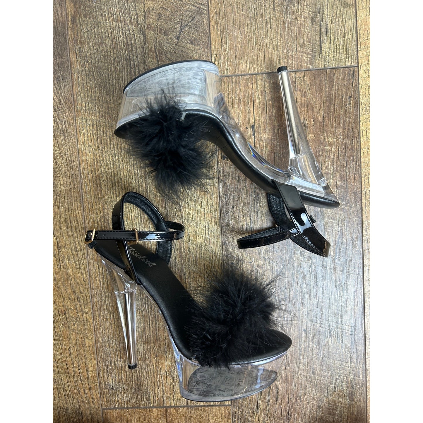 Miss Heel Clear Platform Feather Slingback Heels Size 38 Y2K Strappy Party Shoes