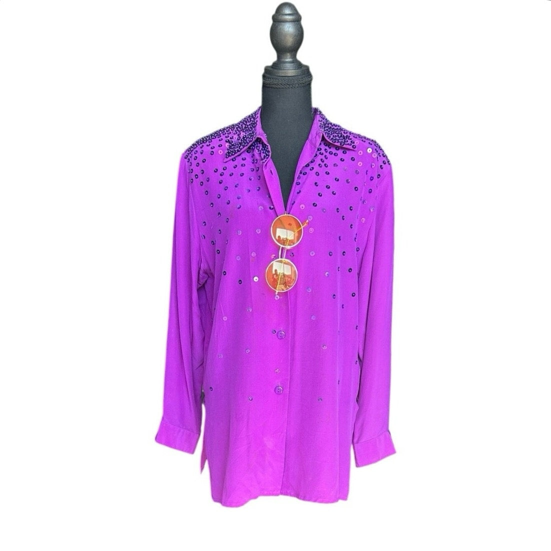 Chemise boutonnée en soie à sequins violets Diane Gilman taille S