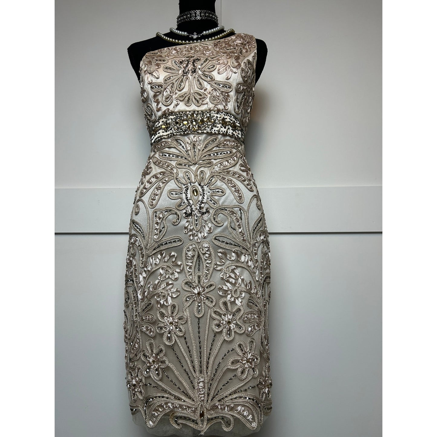 Sue Wong Nocturne Perlenbesetztes One-Shoulder-Kleid Größe 10 Y2K Glam Formal