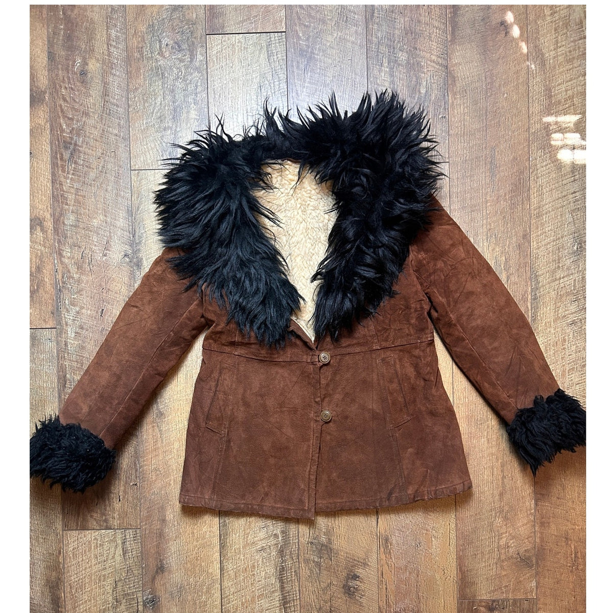 Vintage Penny Lane Coat Black & Tan Suede Faux Fur Trim 40” Chest 26” Length