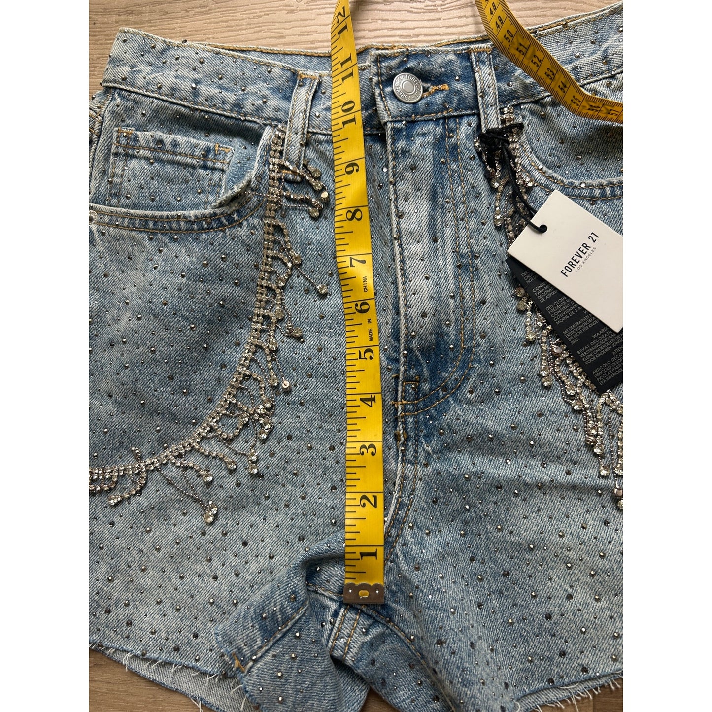 nwt forever 21 rhinstone fringe cutoff shorts light wash denim