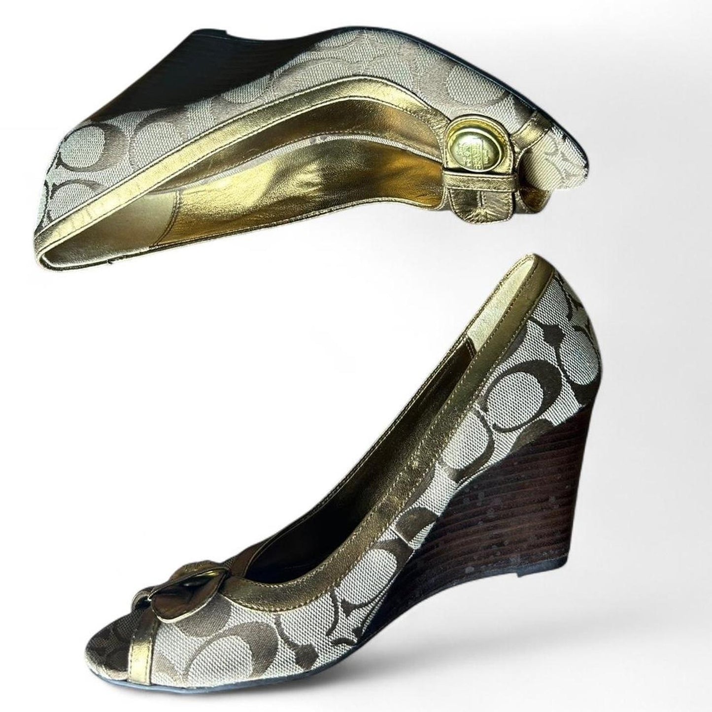 Gold coach monogram wedge heels