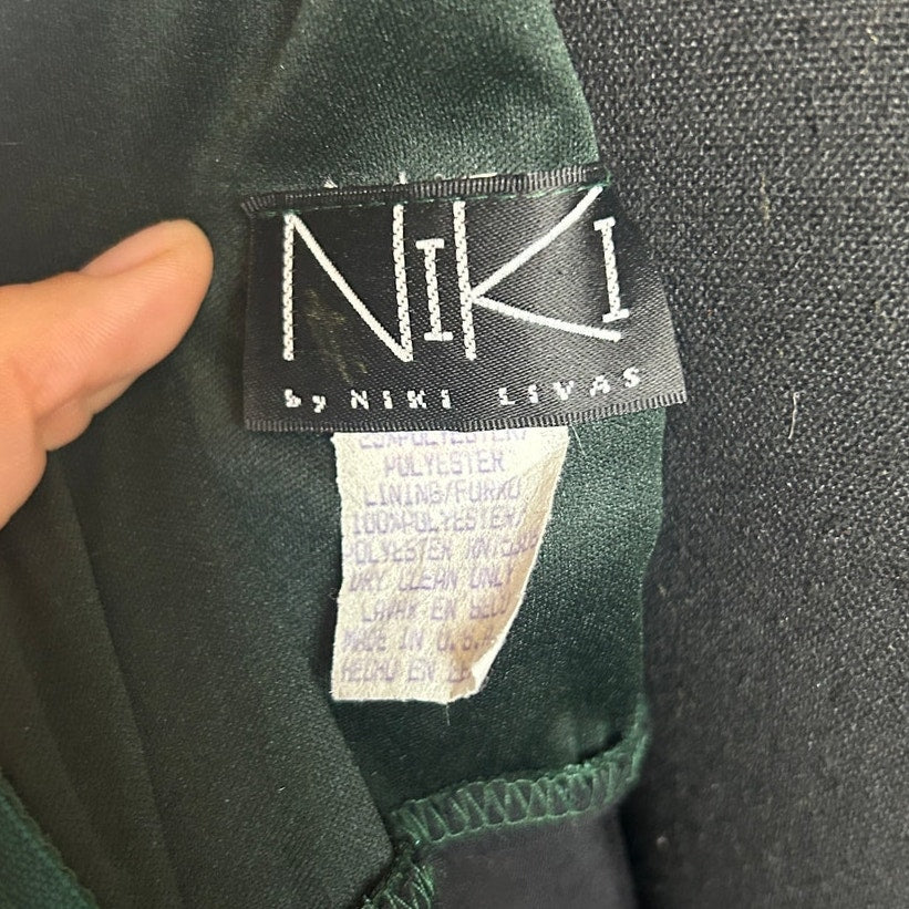 Robe de bal vintage Niki Livas en velours organza vert émeraude des années 1970, confectionnée par Union