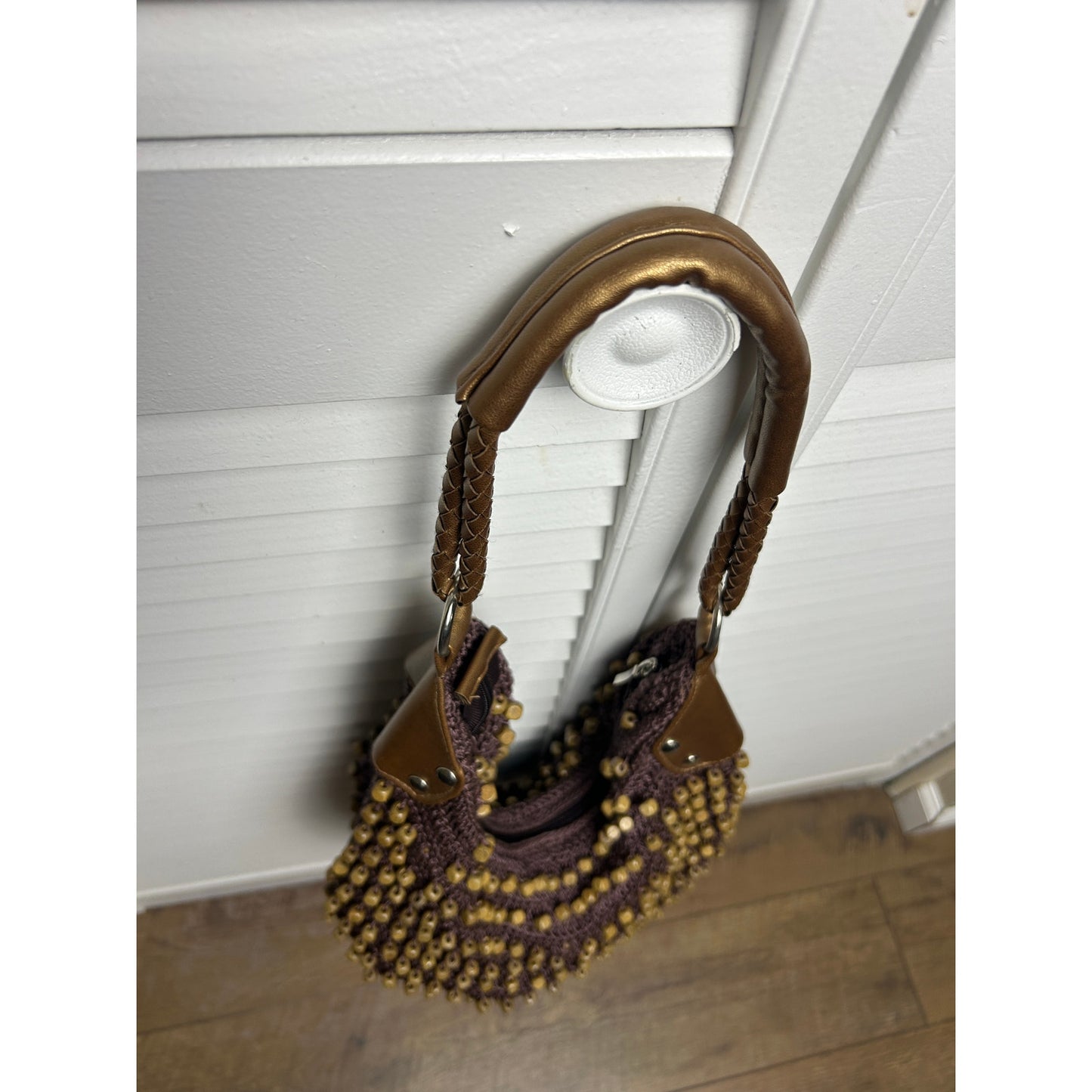 Boho crochet market bag wood bead tote brown earthy festival slouchy purse