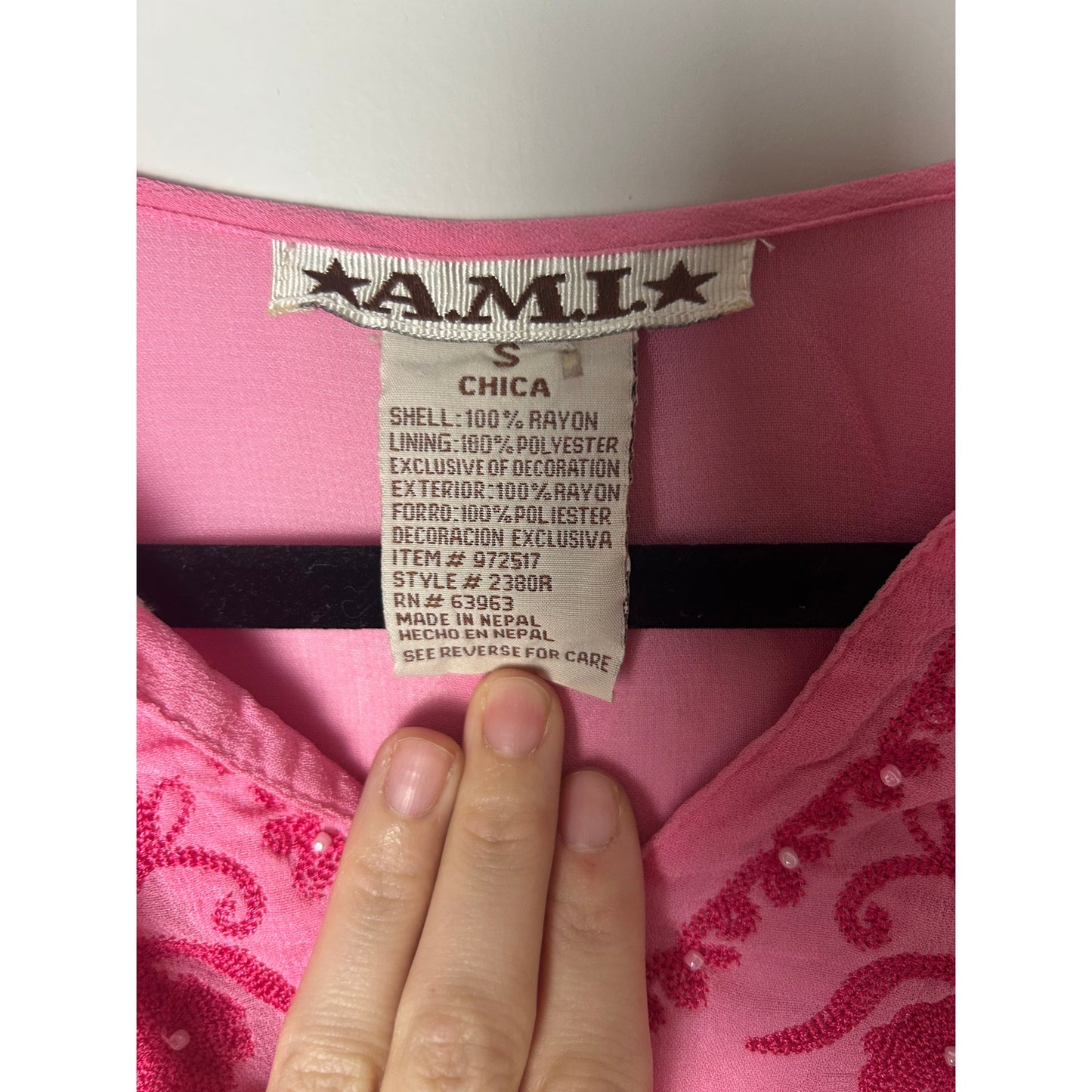 AML pinke Seiden-Sheer-besticktes Feen-Top Größe S