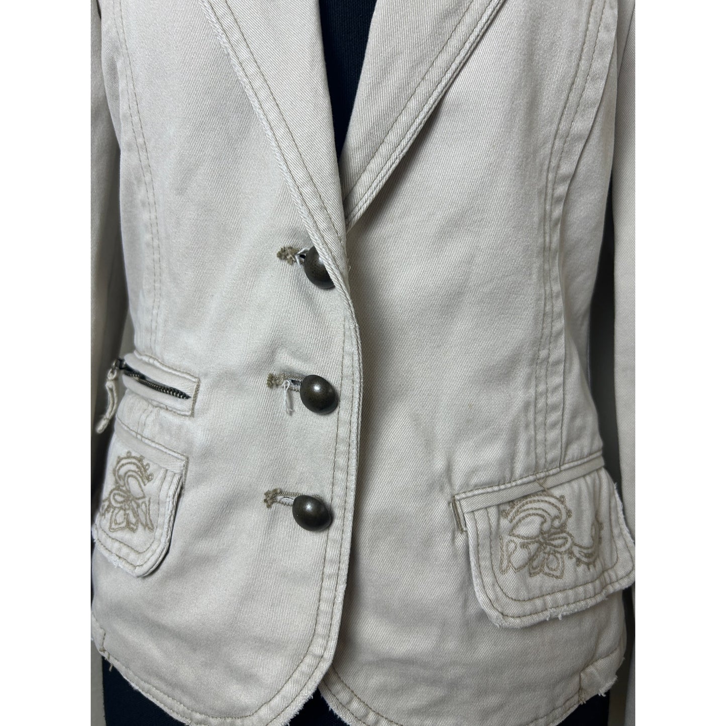 Vintage Y2K Aeropostale Beige Blazer Brass Button Embroidered Snatched Waist Jacket Size S