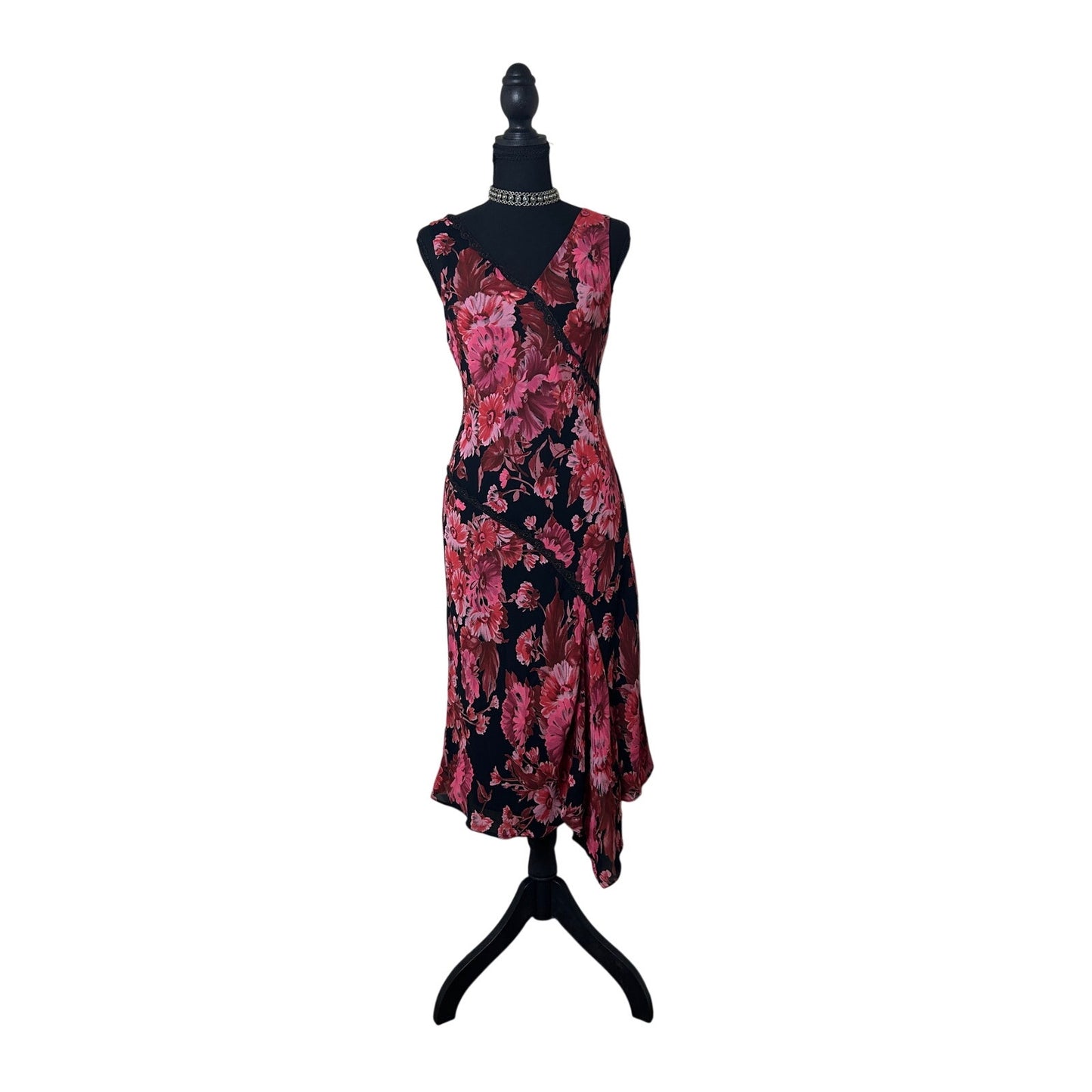 Y2K Fairycore Donna Ricco Schwarz Rot Floral Asymmetrisches Kleid Größe 6 Whimsigoth