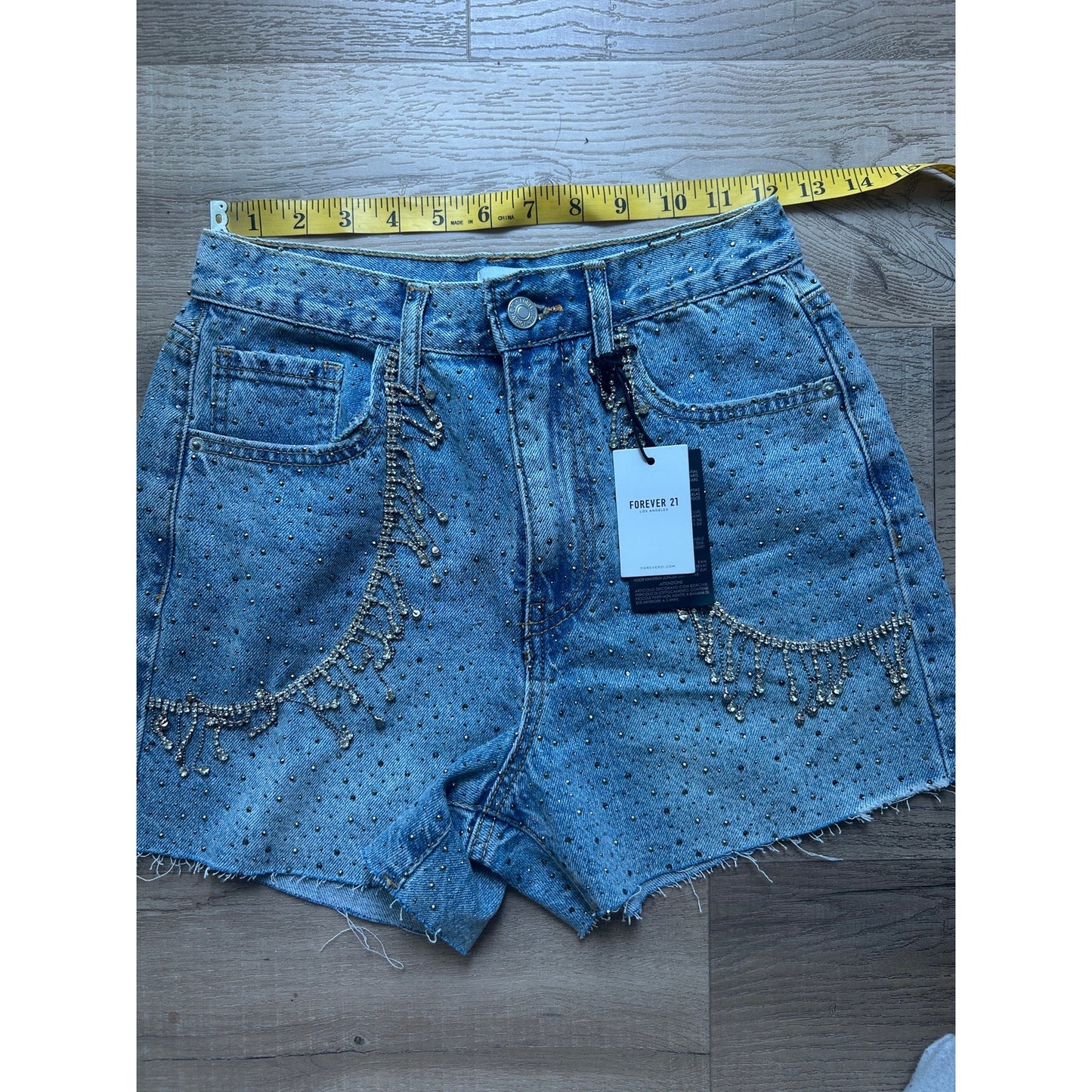 nwt forever 21 rhinstone fringe cutoff shorts light wash denim