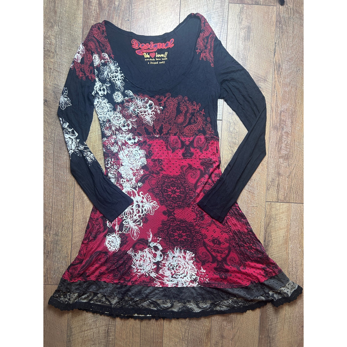 Desigual 36V2001 Red Black White Fit & Flare Dress XL Euro Grunge Y2K