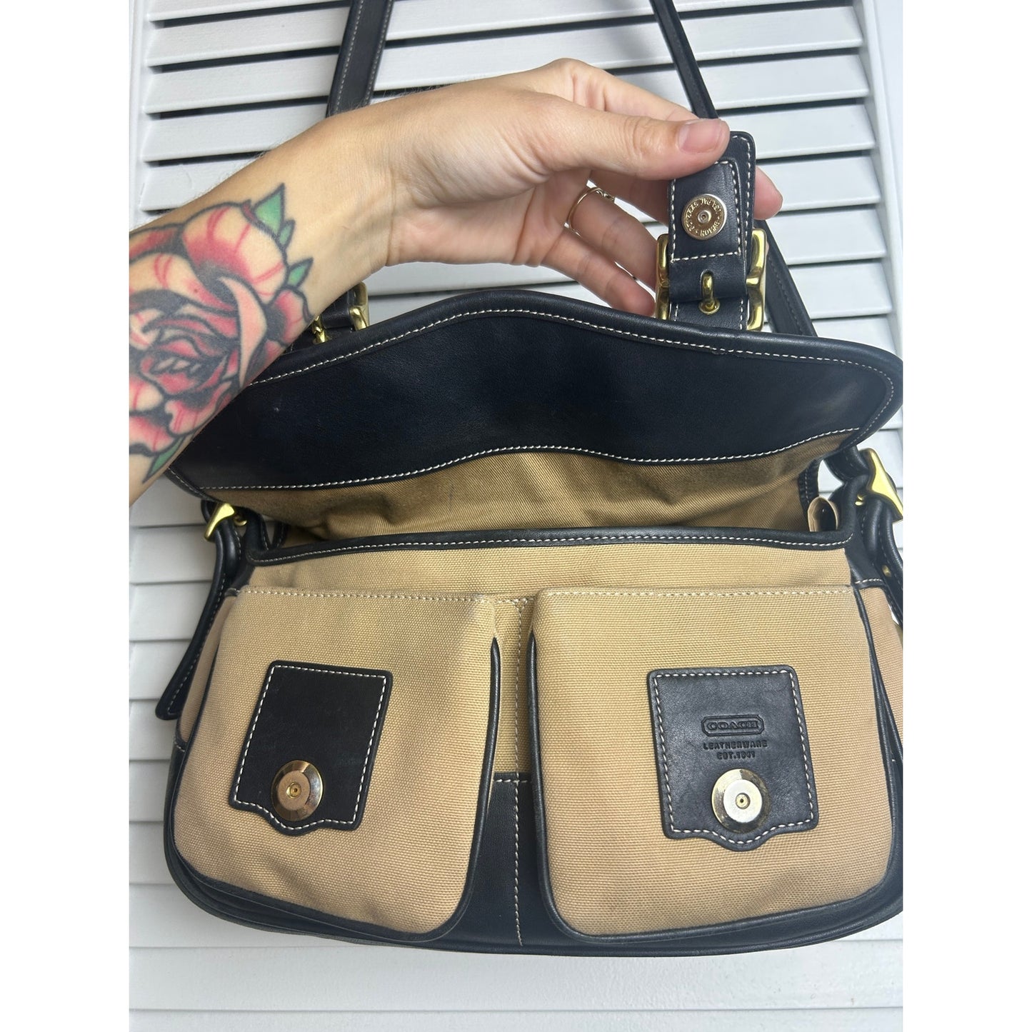 Coach 9121 Tan Canvas & Black Leather Messenger Bag Y2K Crossbody Retro Minimalist