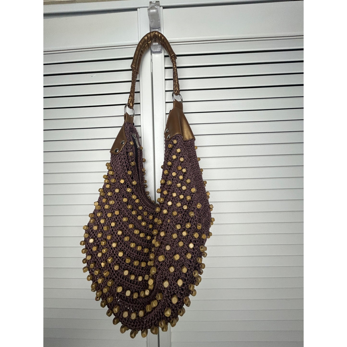 Boho crochet market bag wood bead tote brown earthy festival slouchy purse
