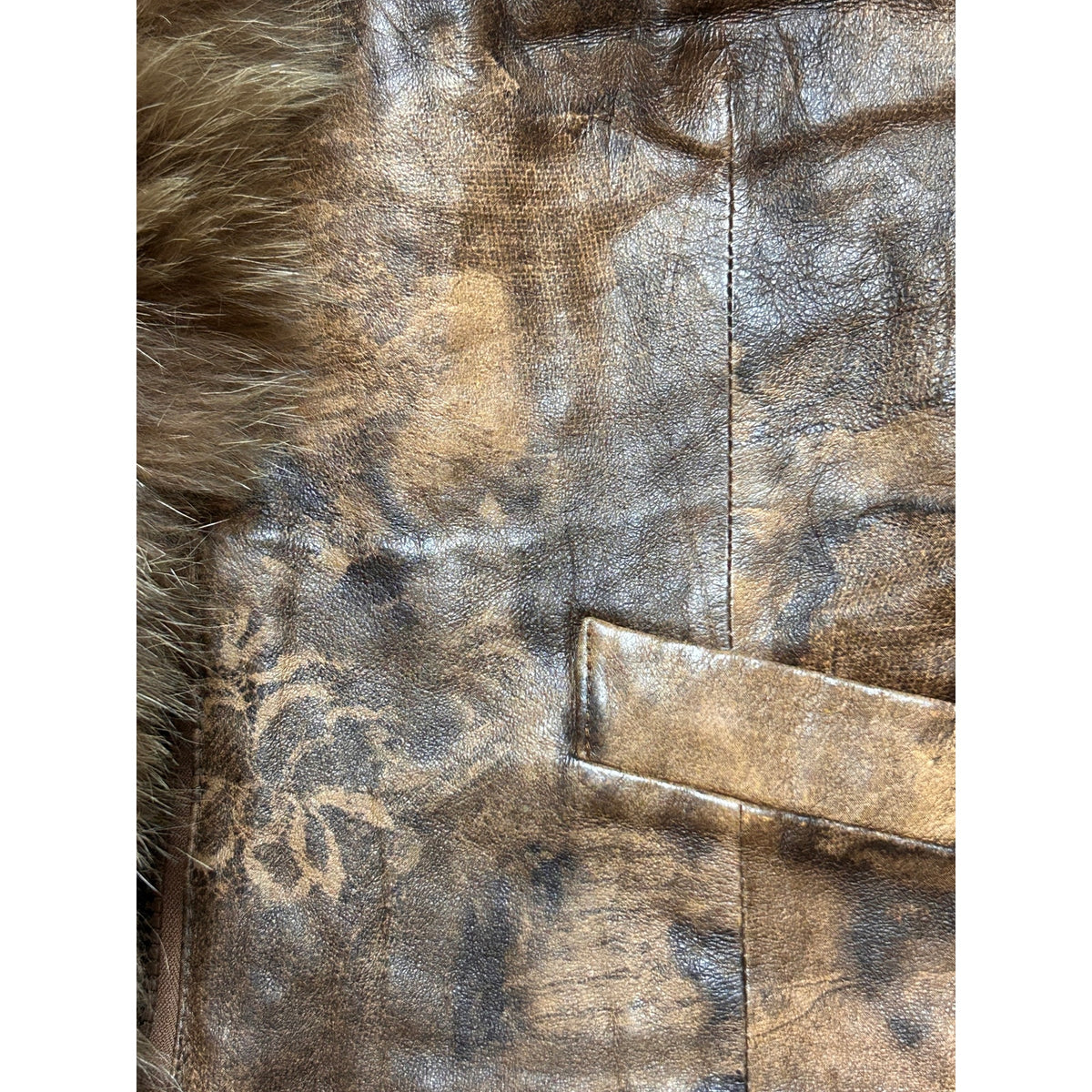 Y2K Chocolate Brown Leather Jacket Printed Euro Style Rabbit Fur Trim Zip Up XS S