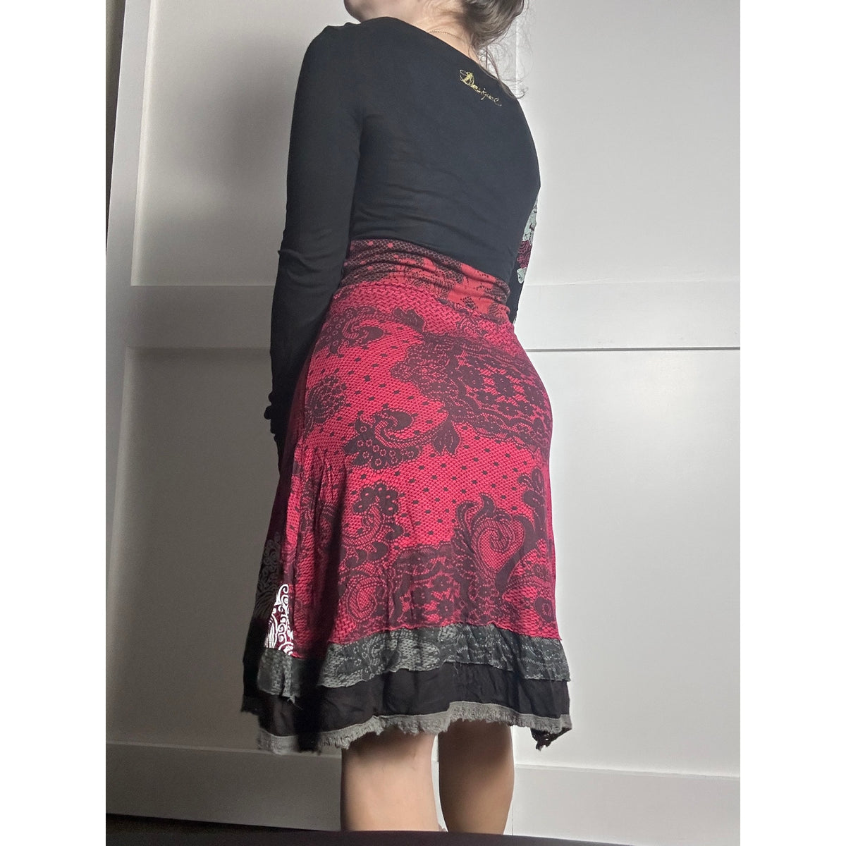 Desigual Red Black White Layered Bamboo Dress Size S | Y2K Fit & Flare