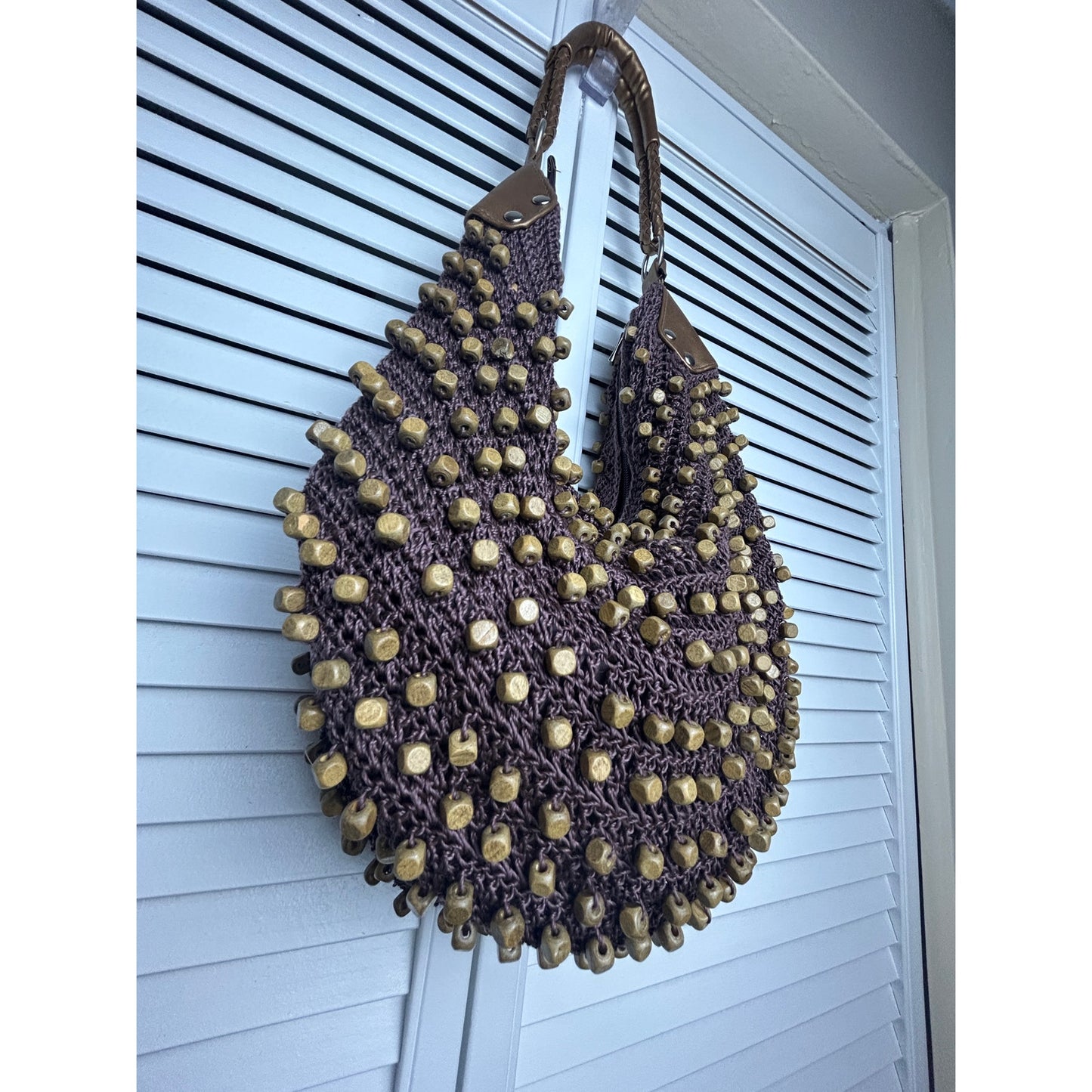 Boho crochet market bag wood bead tote brown earthy festival slouchy purse