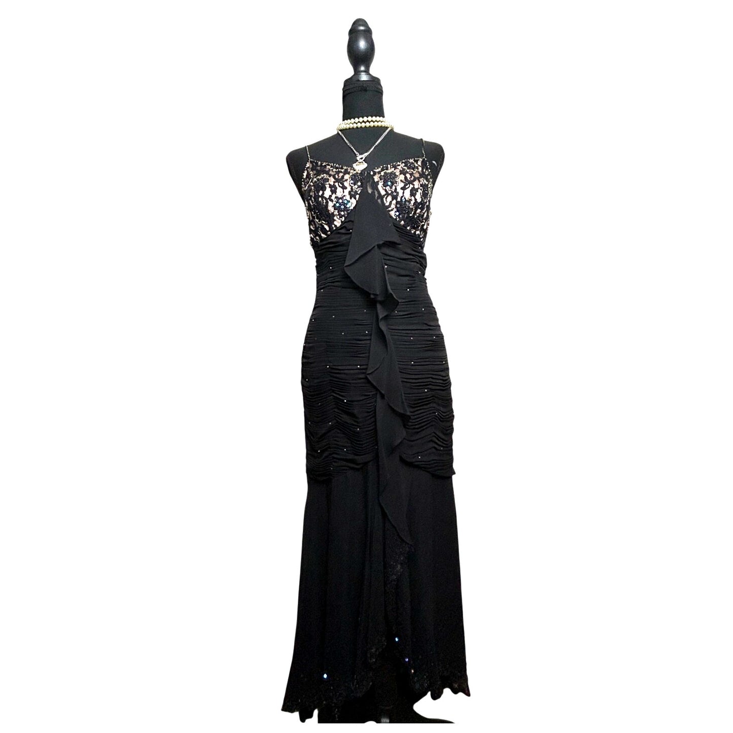 Deadstock Black Embellished Chiffon Fishtail Dress 🖤 Coquette After Dark Tan Lining Gothic Glam