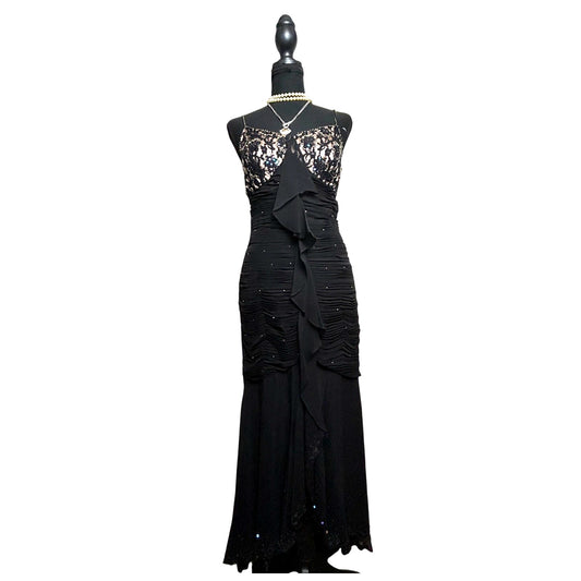 Robe sirène noire en mousseline ornée de perles Deadstock 🖤 Coquette After Dark Doublure couleur chair Glamour Gothique